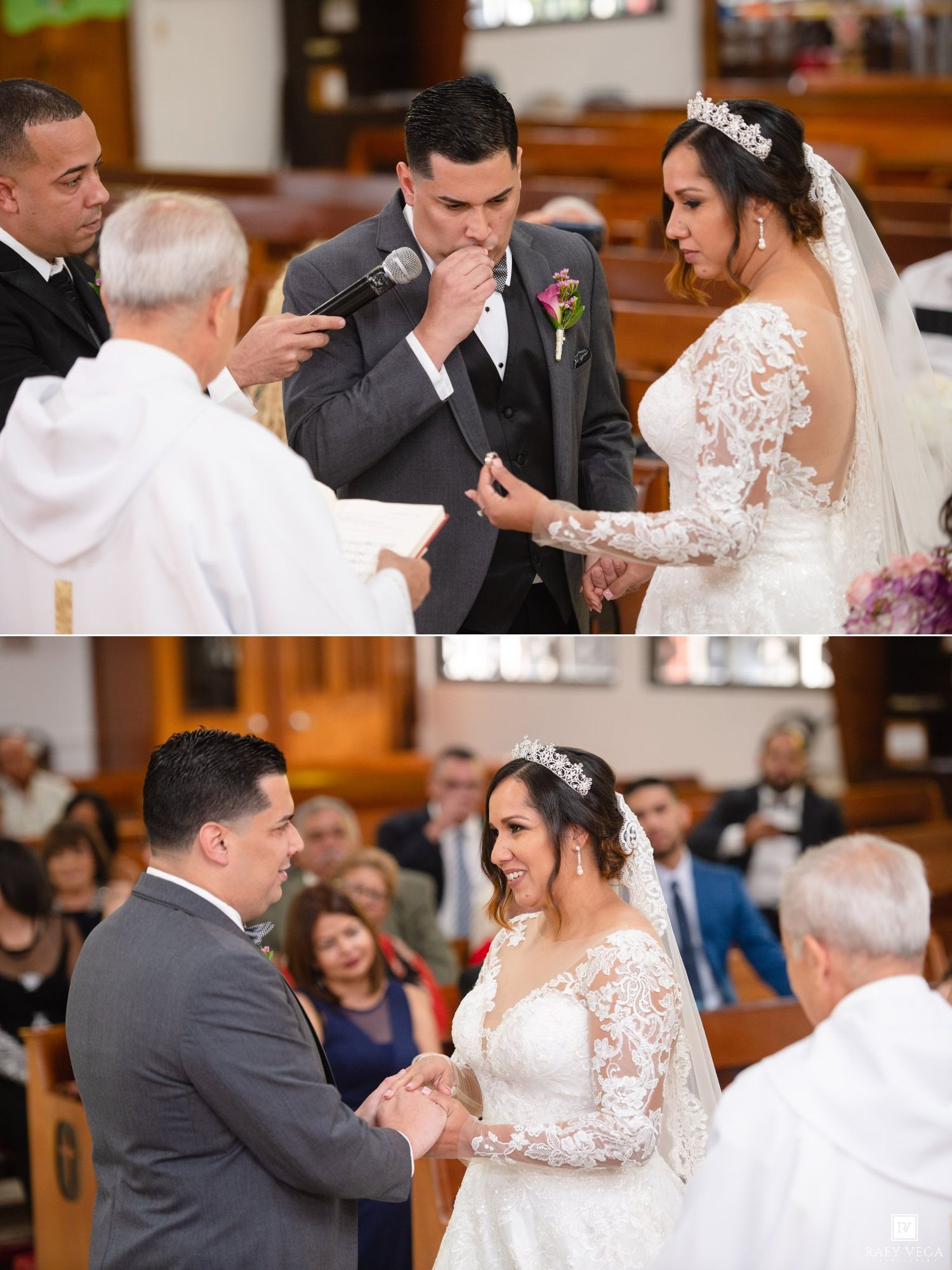Emotional groom reciting wedding vows to bride in white lace gown during church ceremony.