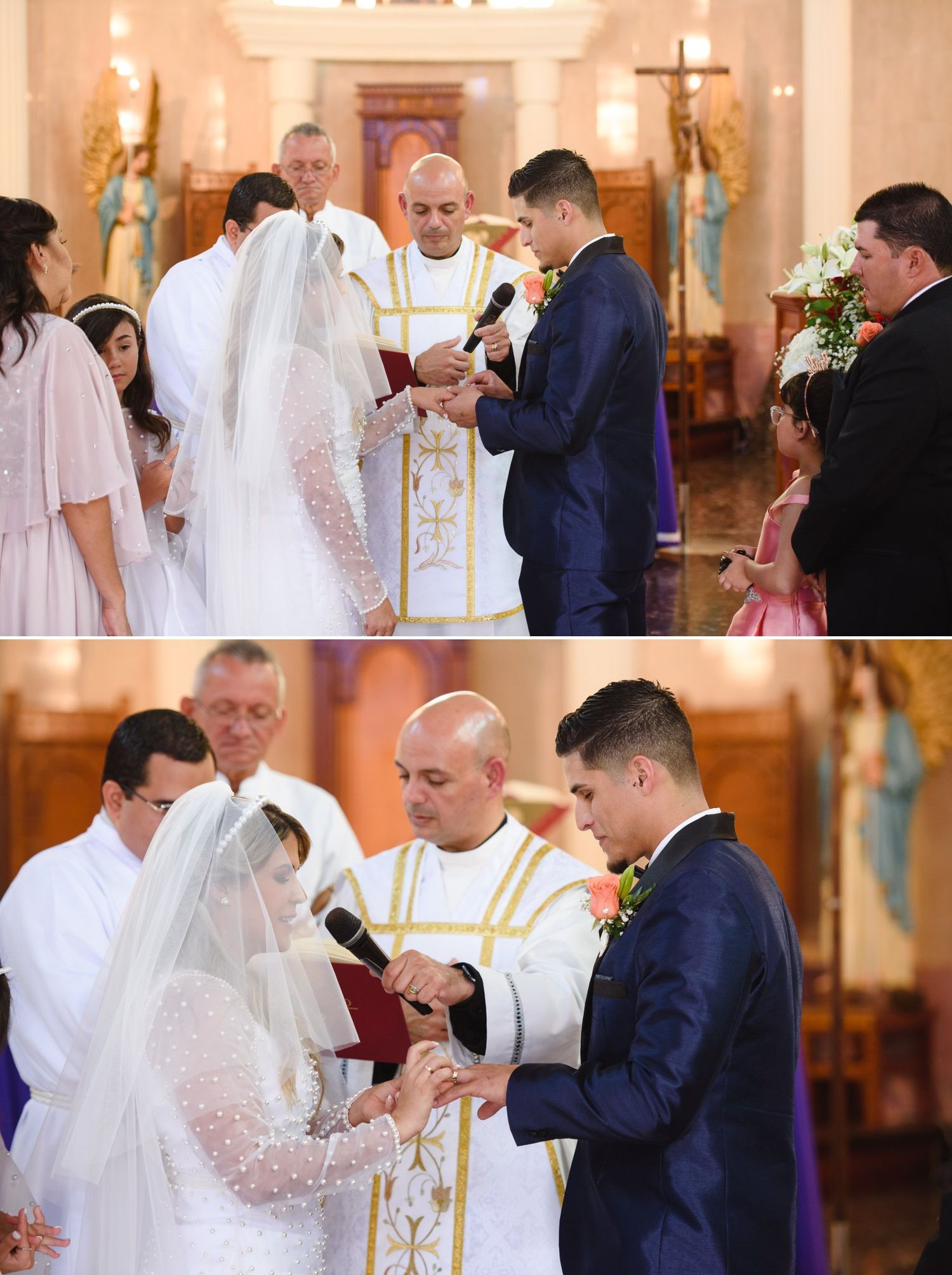 Bride and groom exchange rings during Catholic wedding ceremony with priest officiating at the altar.