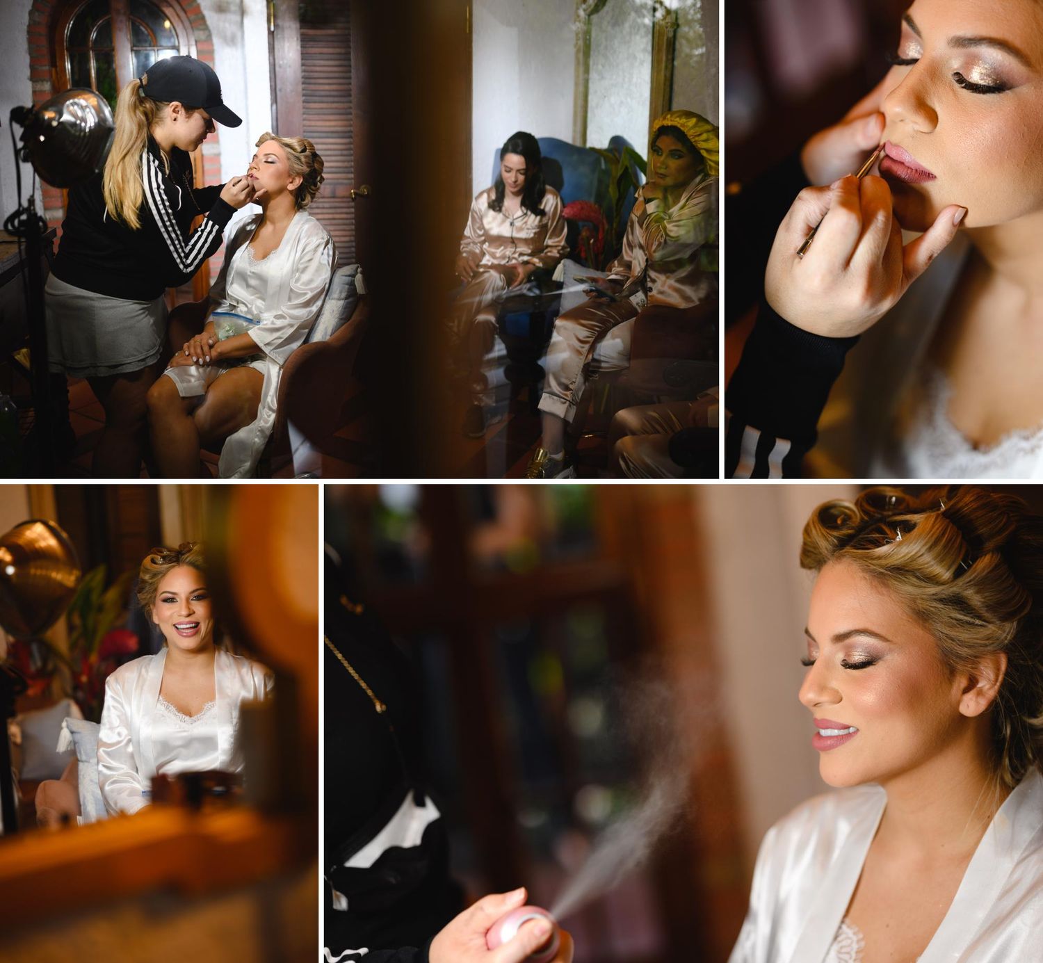 Bride getting makeup applied by artist while bridesmaids prepare nearby in elegant bridal suite before wedding.