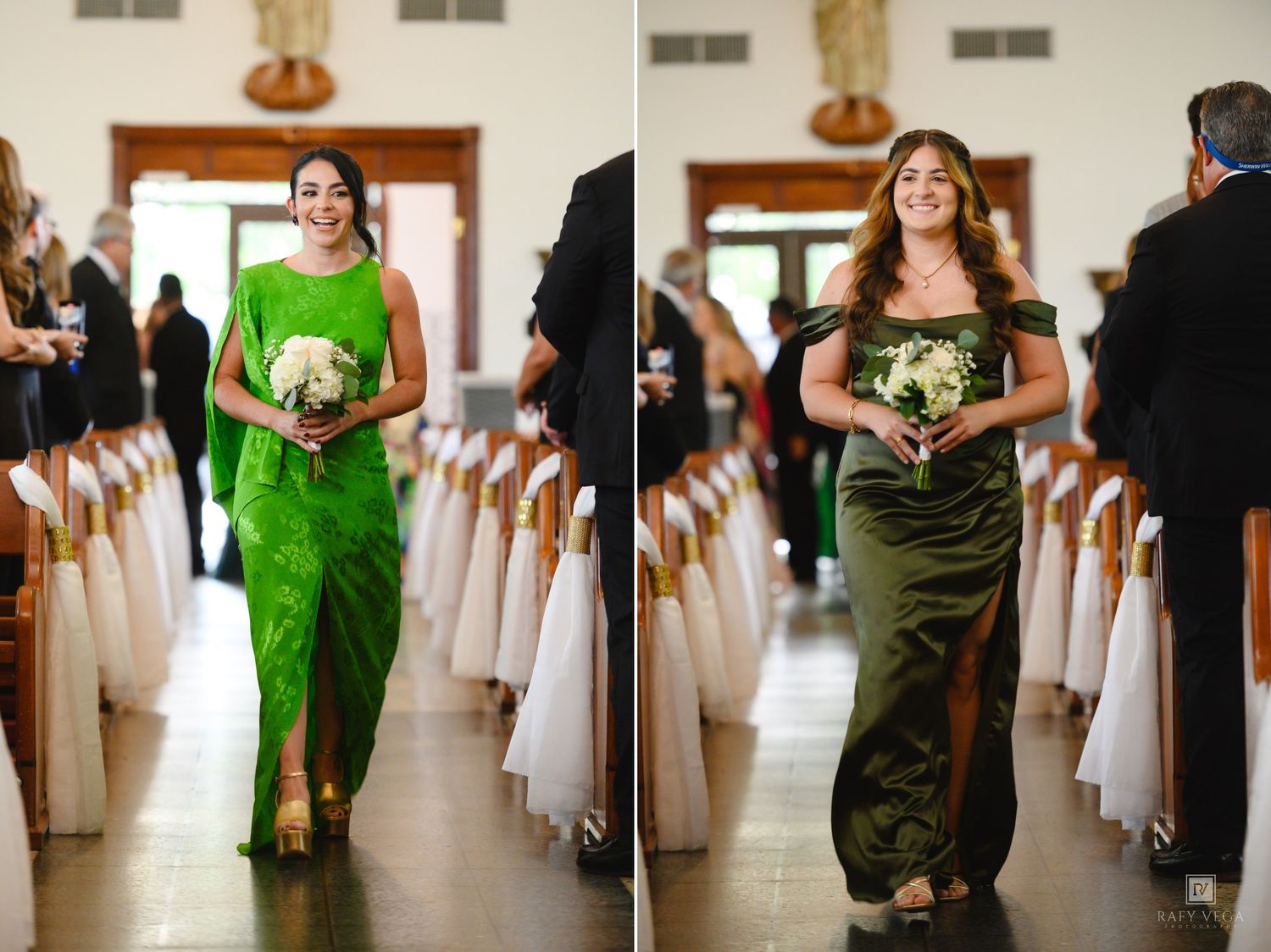 Two bridesmaids in elegant green dresses walk down the aisle at a wedding ceremony.
