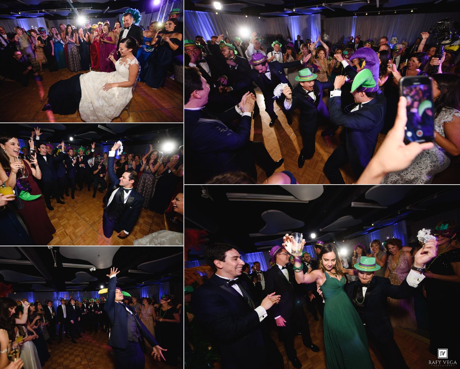 Wedding reception dance floor celebration with guests in formal attire and colorful masks enjoying lively party festivities.