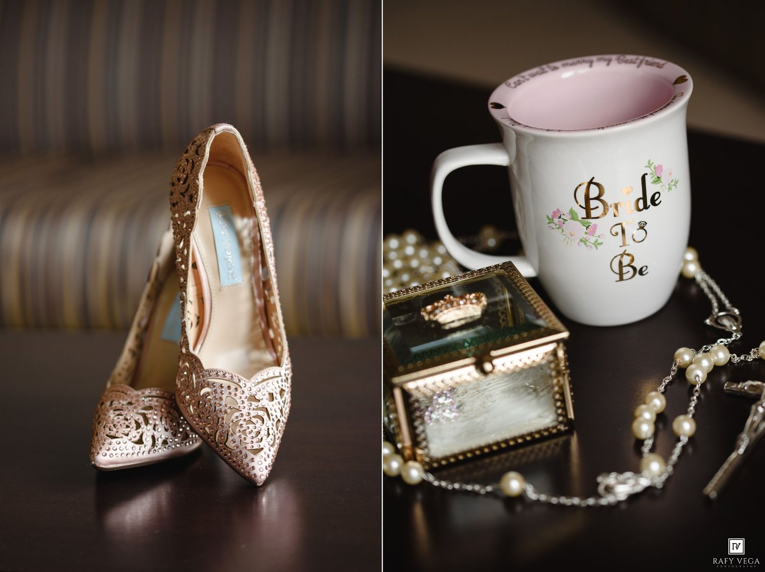 Rose gold laser-cut bridal heels beside a Bride to Be mug, pearl necklace, and glass jewelry box with ring.