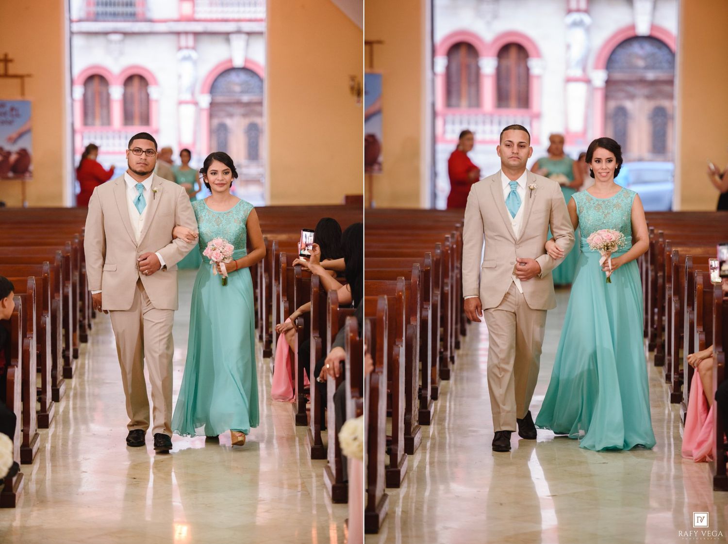 Bride in teal gown walks down church aisle with escort in tan suit during elegant wedding ceremony.