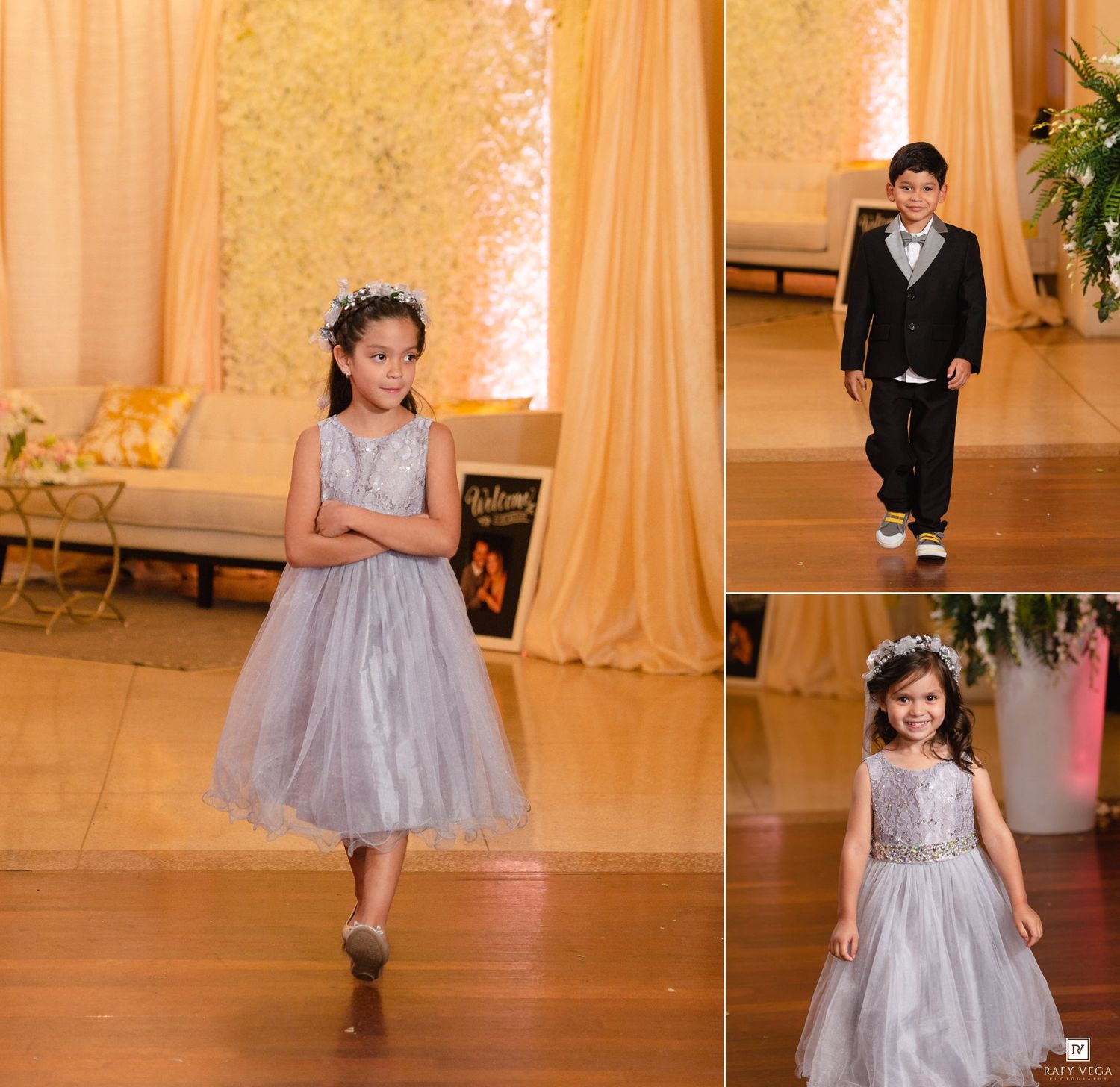 Children dressed in formal attire, including a silver tulle flower girl dress and a boy in a black suit, at a wedding.