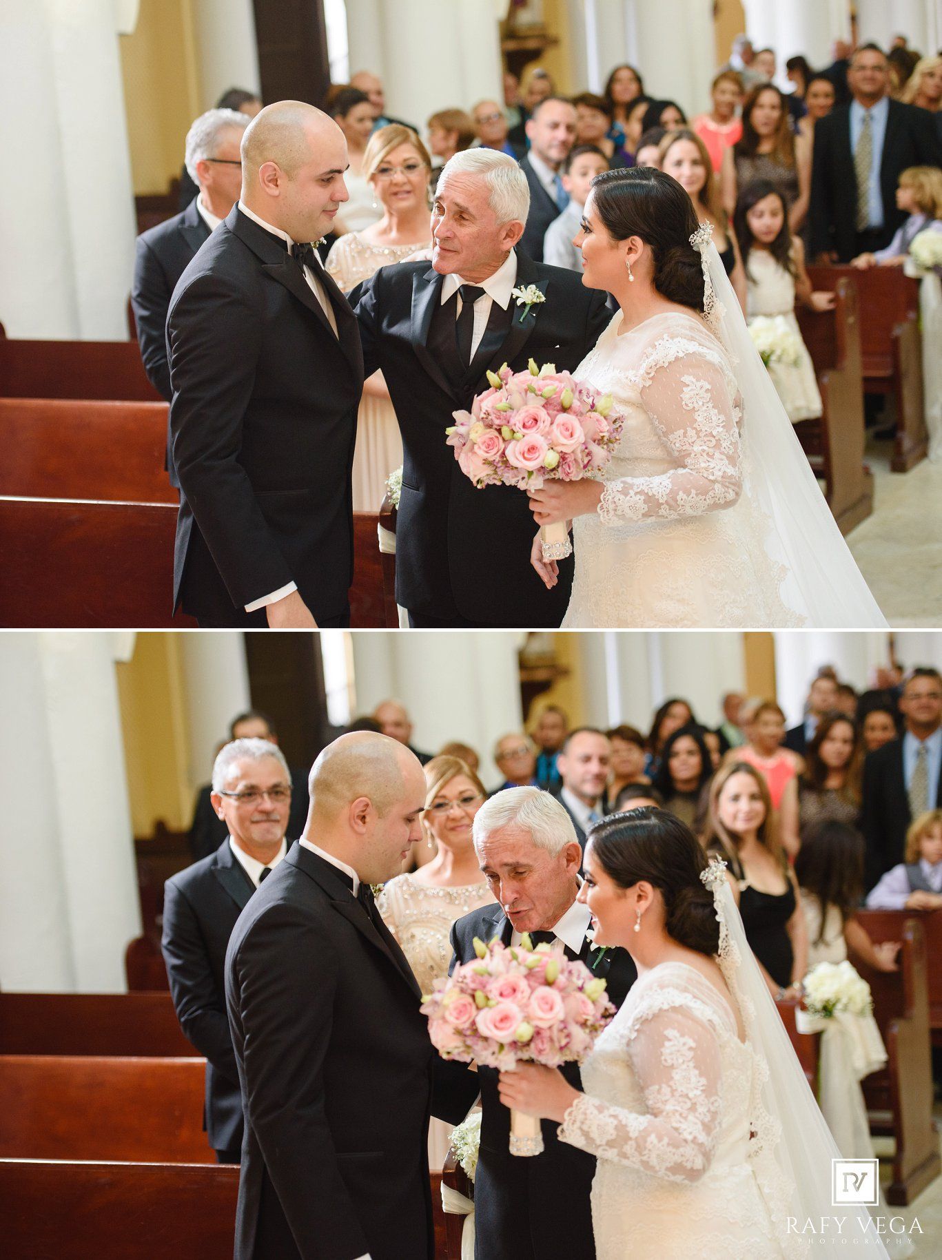 Father of the bride gives away his daughter to the groom at a church wedding ceremony with pink bouquet.