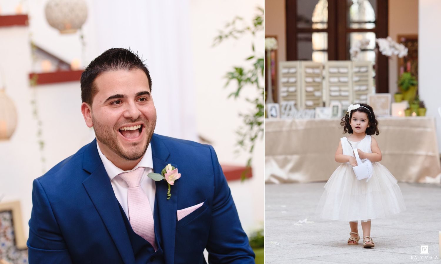 Smiling groom in blue suit at wedding ceremony beside flower girl in white dress at elegant venue.