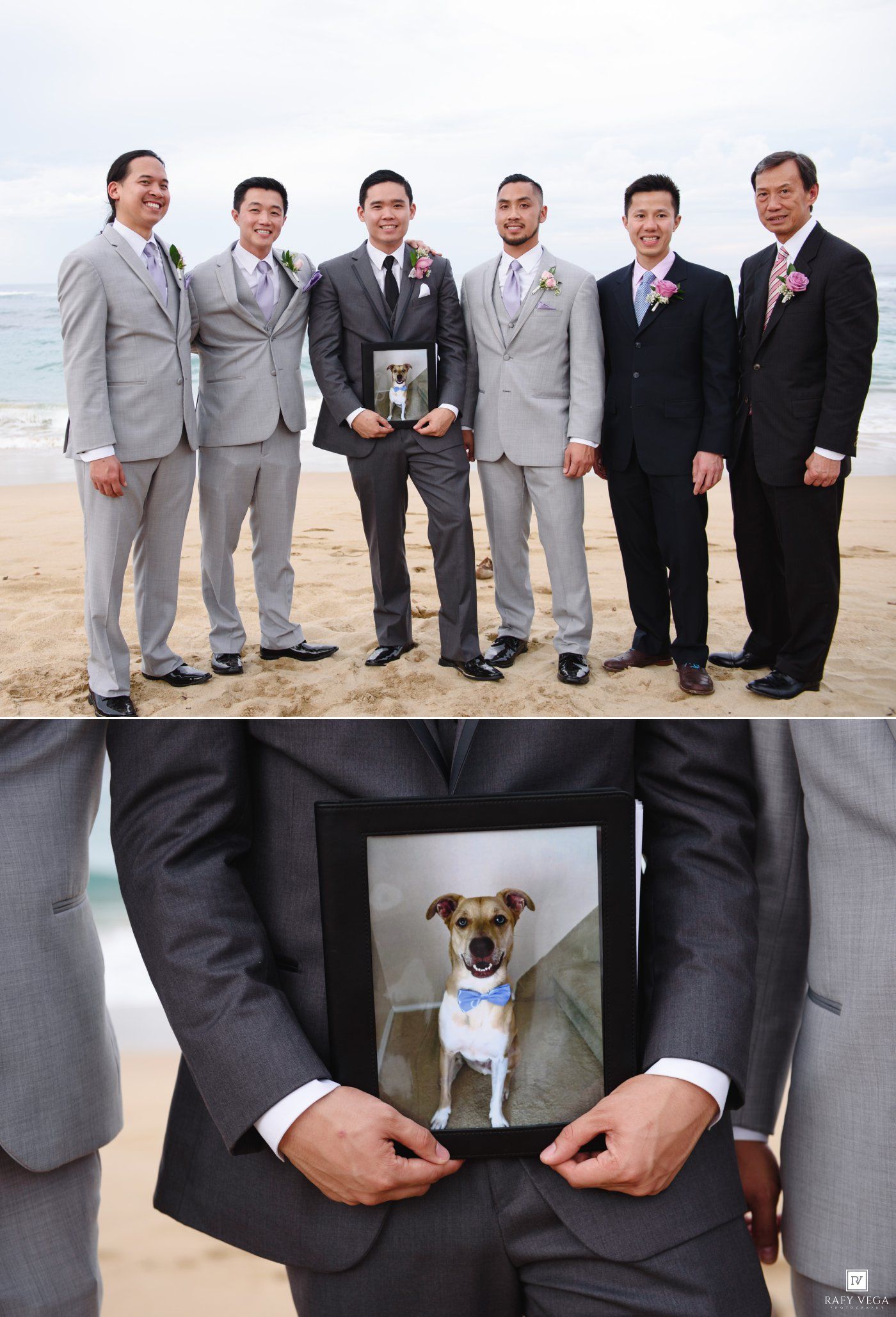 Groomsmen in gray suits on beach holding framed photo of dog wearing bow tie at wedding ceremony.