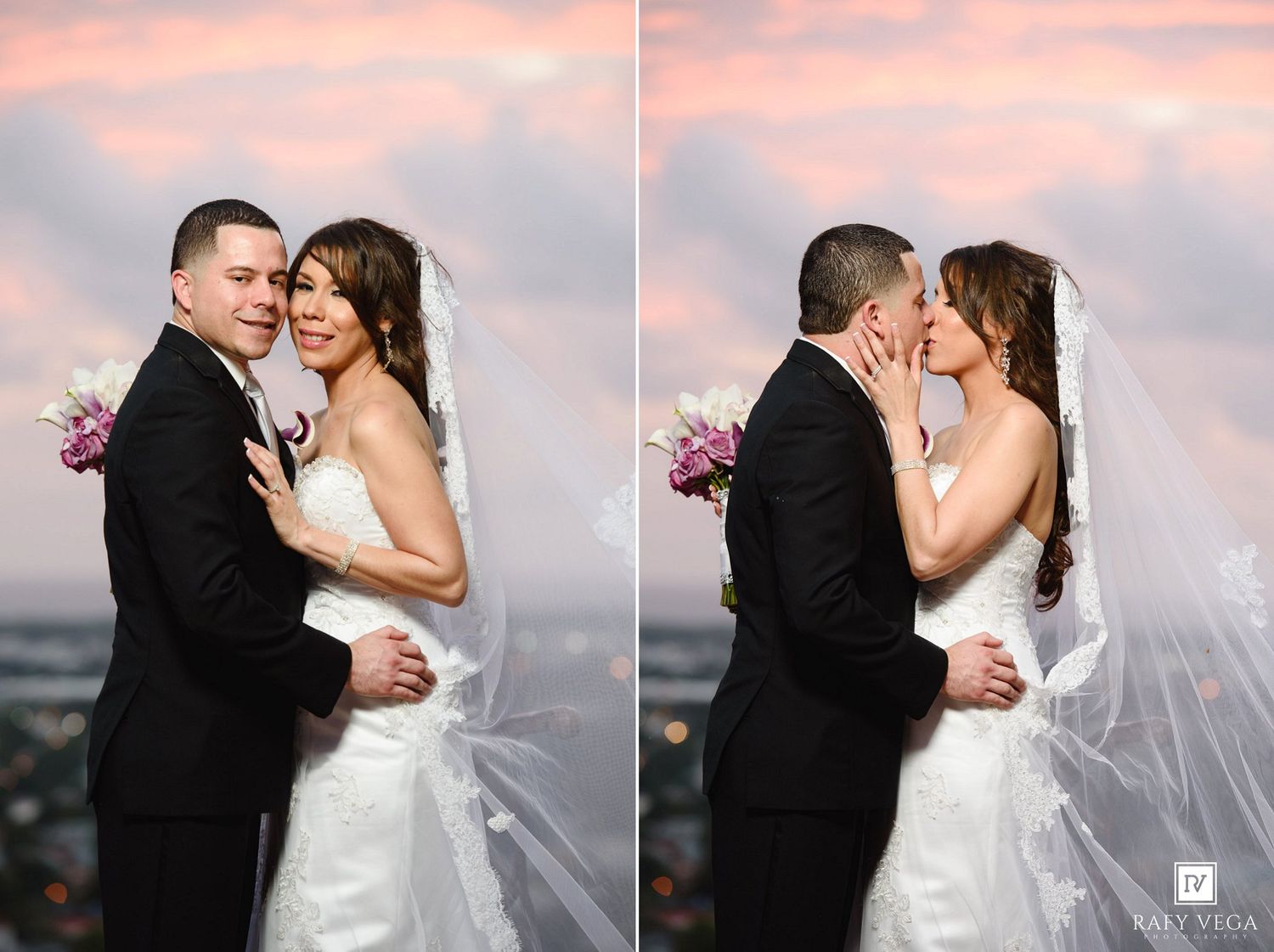 Bride and groom share a romantic kiss at sunset, with the bride holding a pink bouquet and her veil flowing in the breeze.