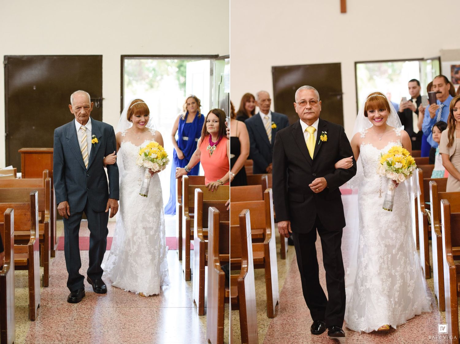 A bride in a white gown walks down the church aisle escorted by two men during a traditional wedding ceremony.