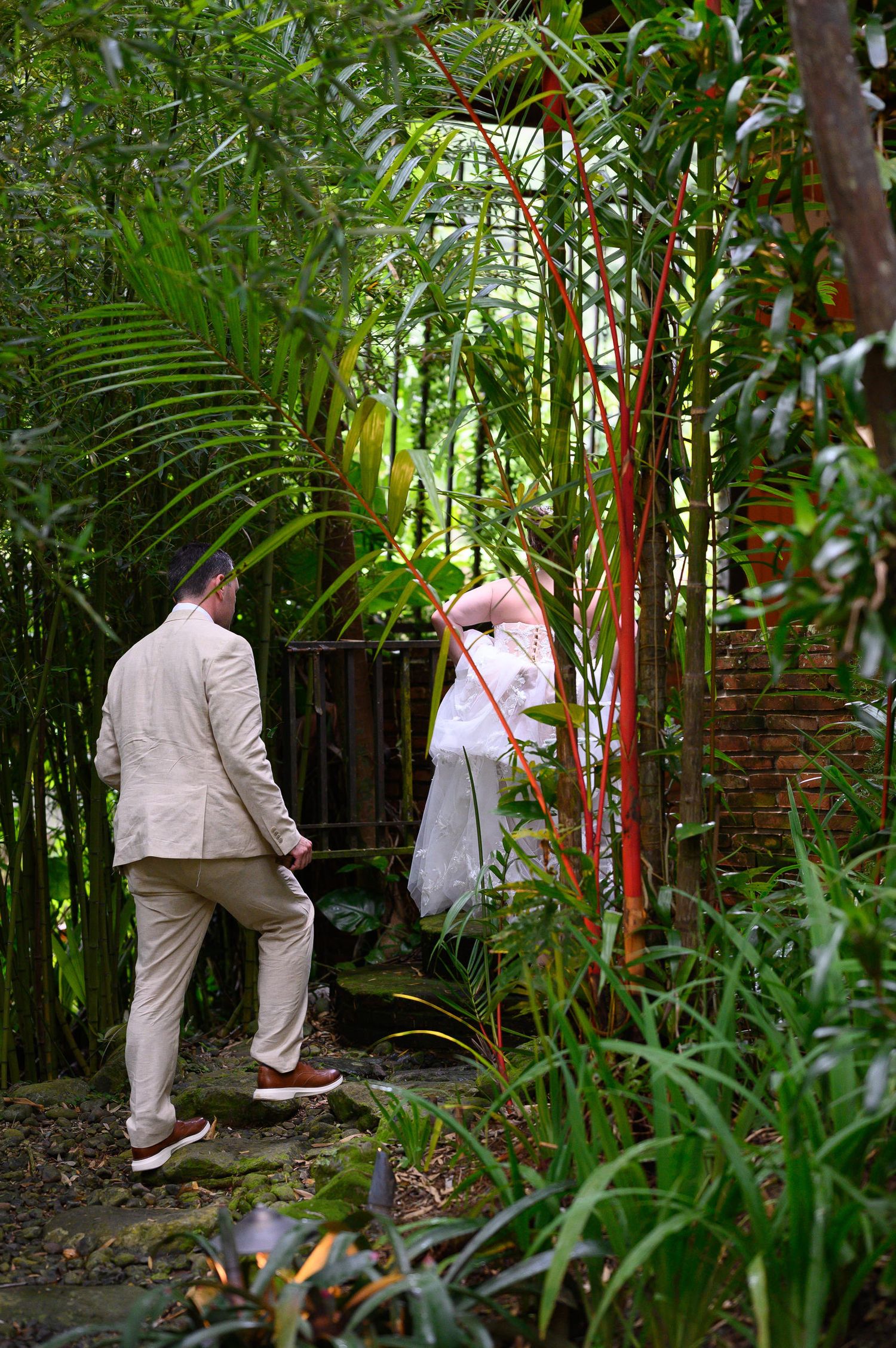 A bride and groom walk through a lush tropical garden path surrounded by bamboo and palm trees.