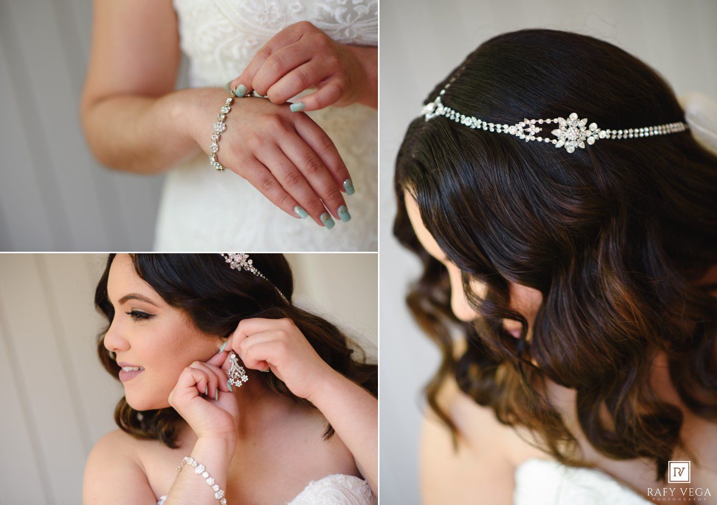 Bride wearing pearl jewelry and rhinestone headband accessorizes on her wedding day.
