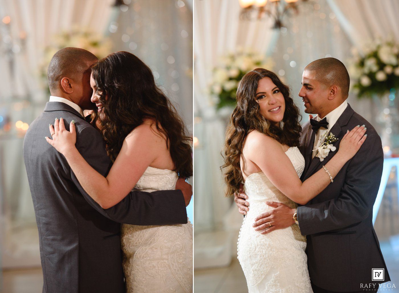 Bride and groom share romantic first dance embrace in elegant wedding reception venue with soft bokeh lighting.