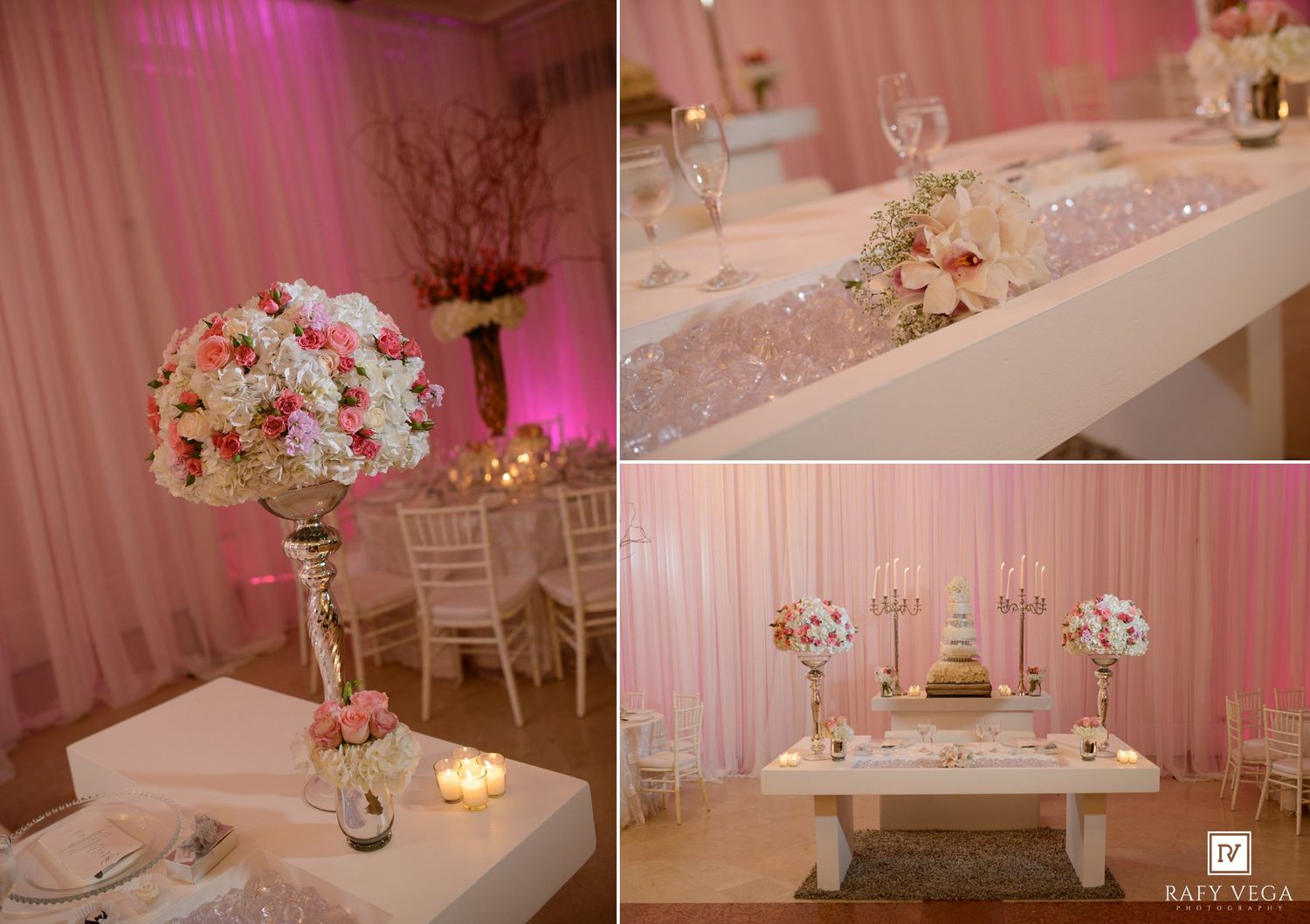 Elegant wedding reception with pink floral centerpieces, sequin table runner, candles, and soft pink draping in a romantic venue.