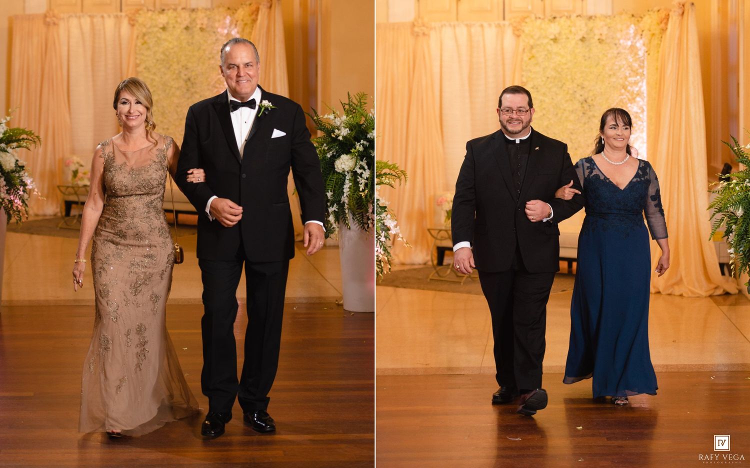 Two couples walk arm-in-arm in formal attire at a wedding ceremony in a decorated venue.