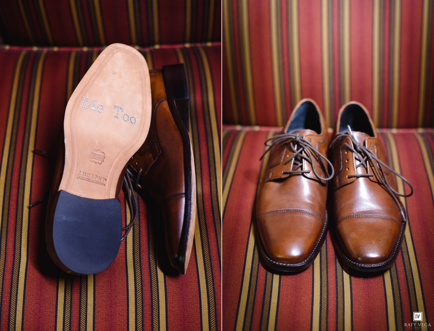 Brown leather dress shoes displayed on striped chair, showing sole with inscription and laced cap-toe oxfords.