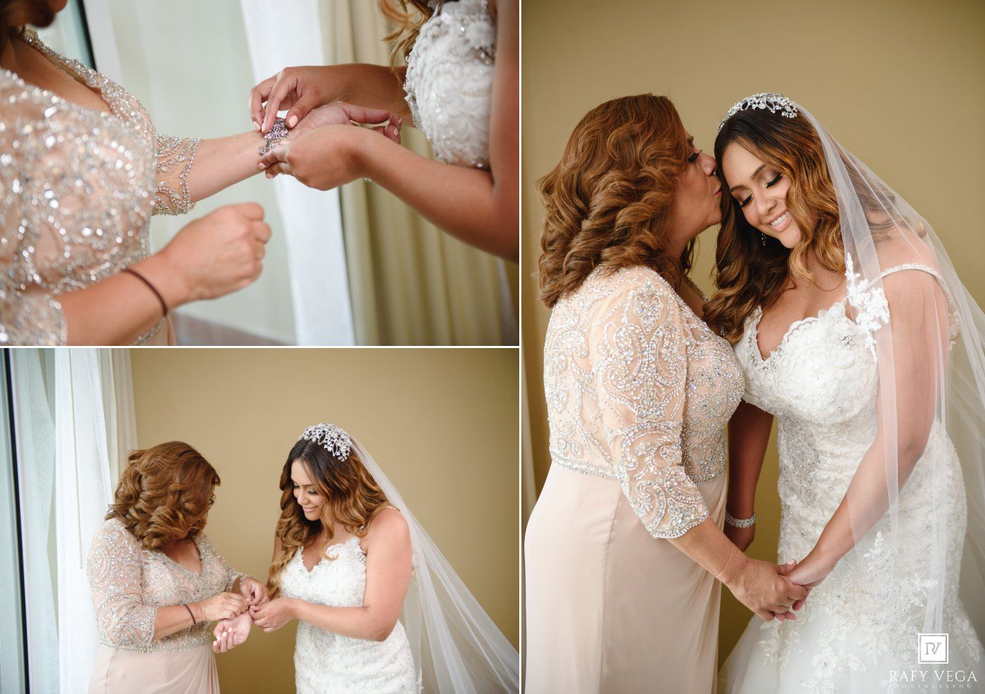 Bride getting ready with mother helping with dress and sharing tender moment before wedding ceremony.