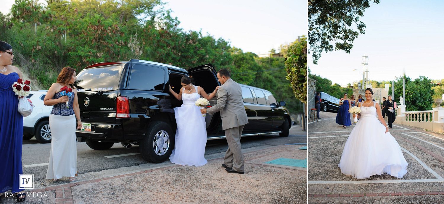 Bride and groom arriving at wedding venue in a black limousine, greeted by bridesmaids in blue dresses outdoors.