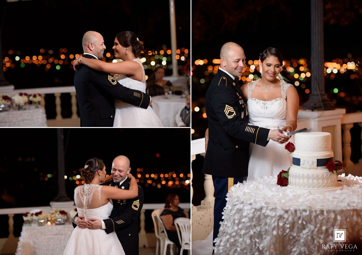 Military groom and bride share first dance and cut wedding cake at elegant outdoor evening reception.
