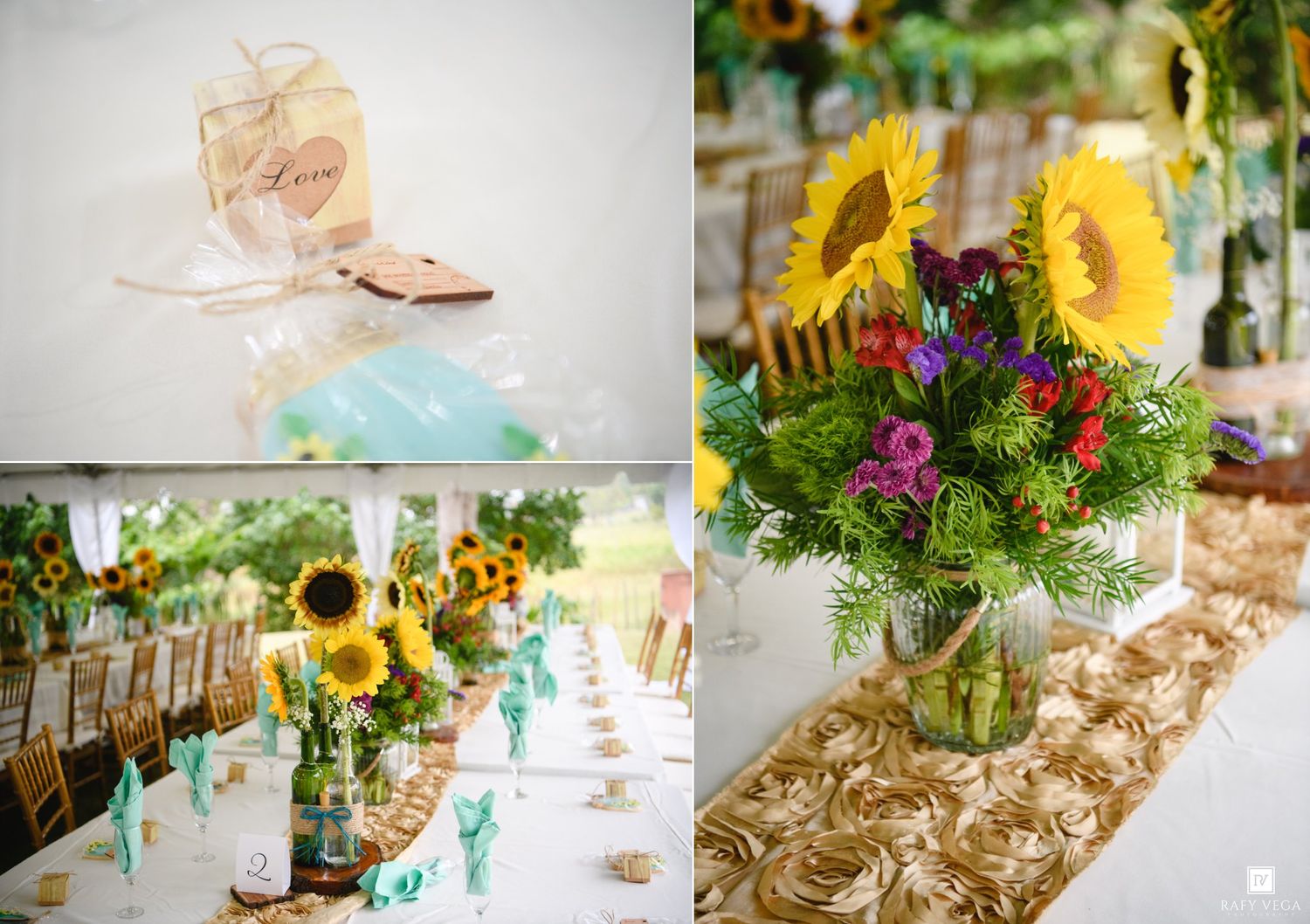 Sunflower wedding reception decor with colorful centerpieces, gold chairs, and elegant table settings in an outdoor venue.