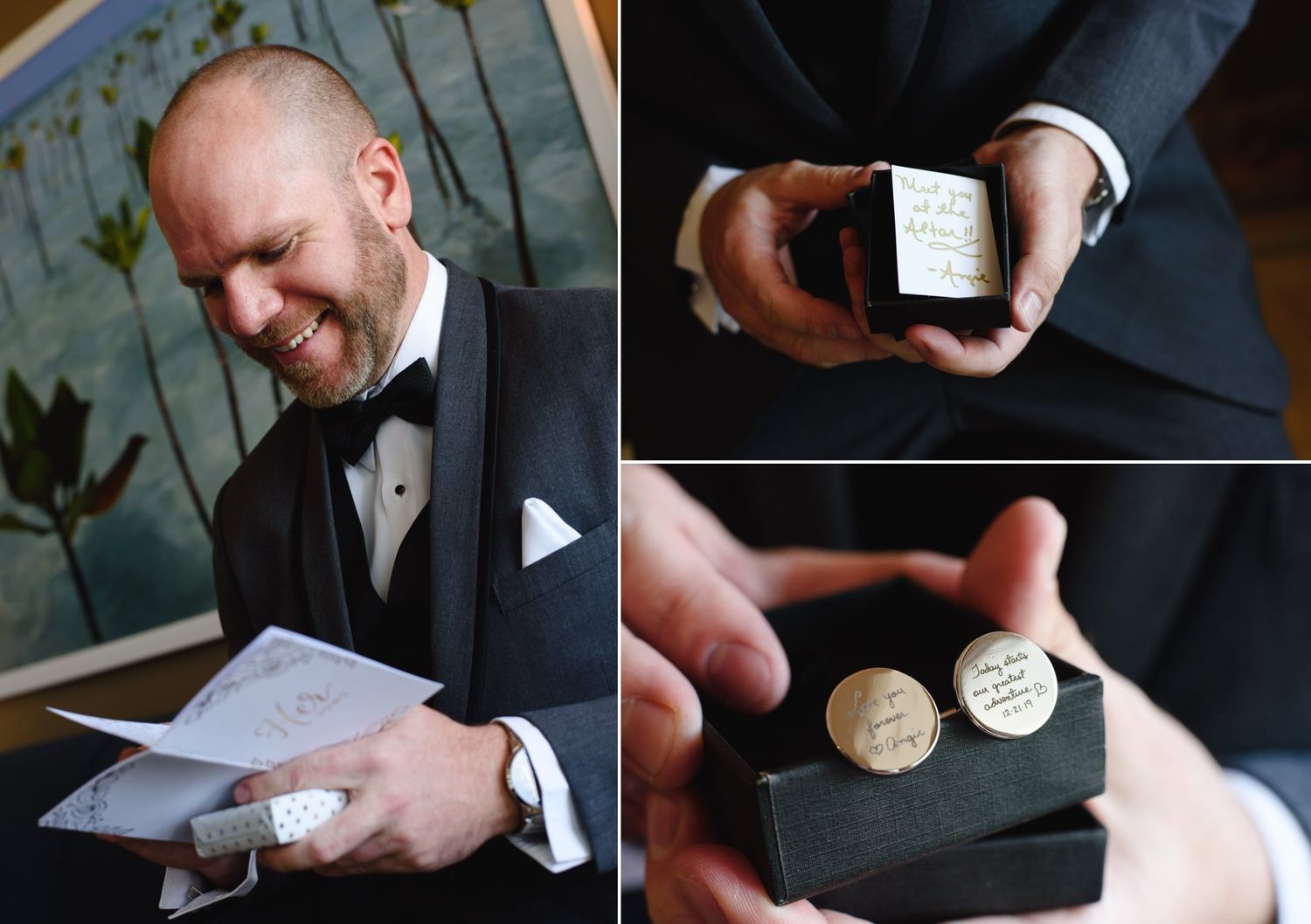 Groom in tuxedo reads a letter while holding personalized gold cufflinks displayed in a black gift box at his wedding.
