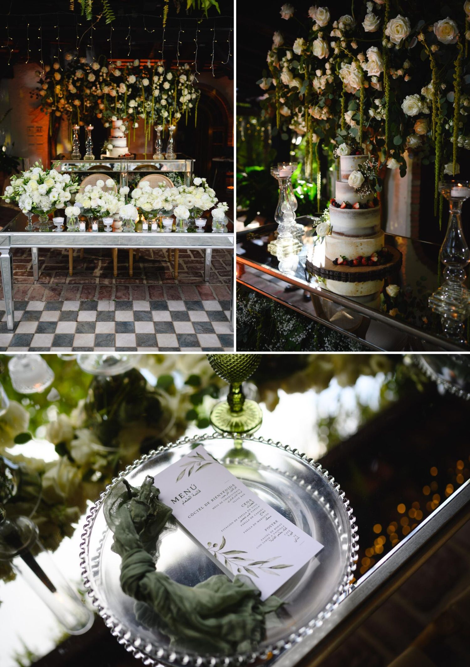 Elegant wedding reception with white floral arrangements, tiered cakes, and a silver charger plate with green napkin and menu card.