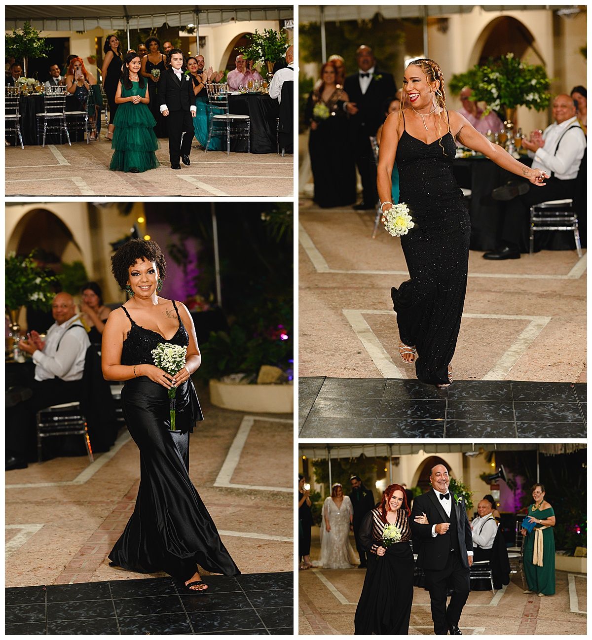 Bridesmaids in elegant black gowns walk through a wedding reception hall carrying bouquets.