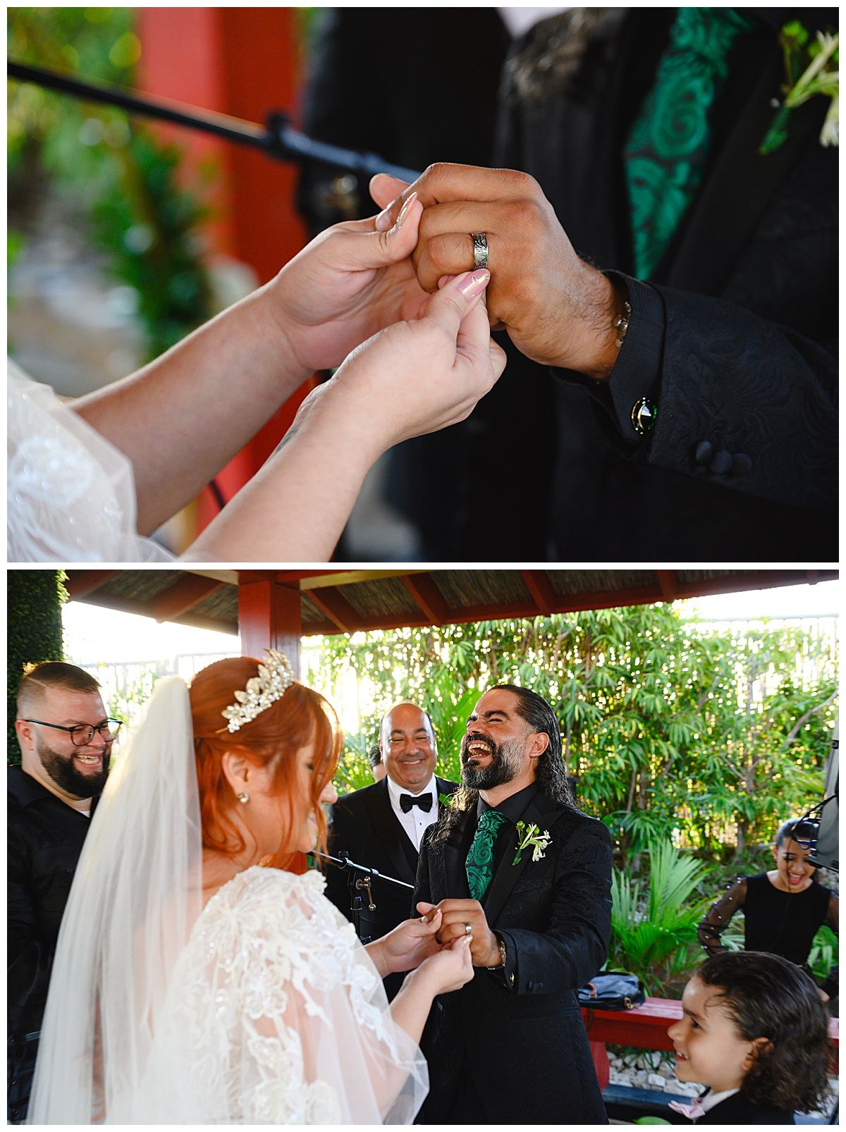 Bride and groom exchange rings during intimate outdoor wedding ceremony with guests watching.