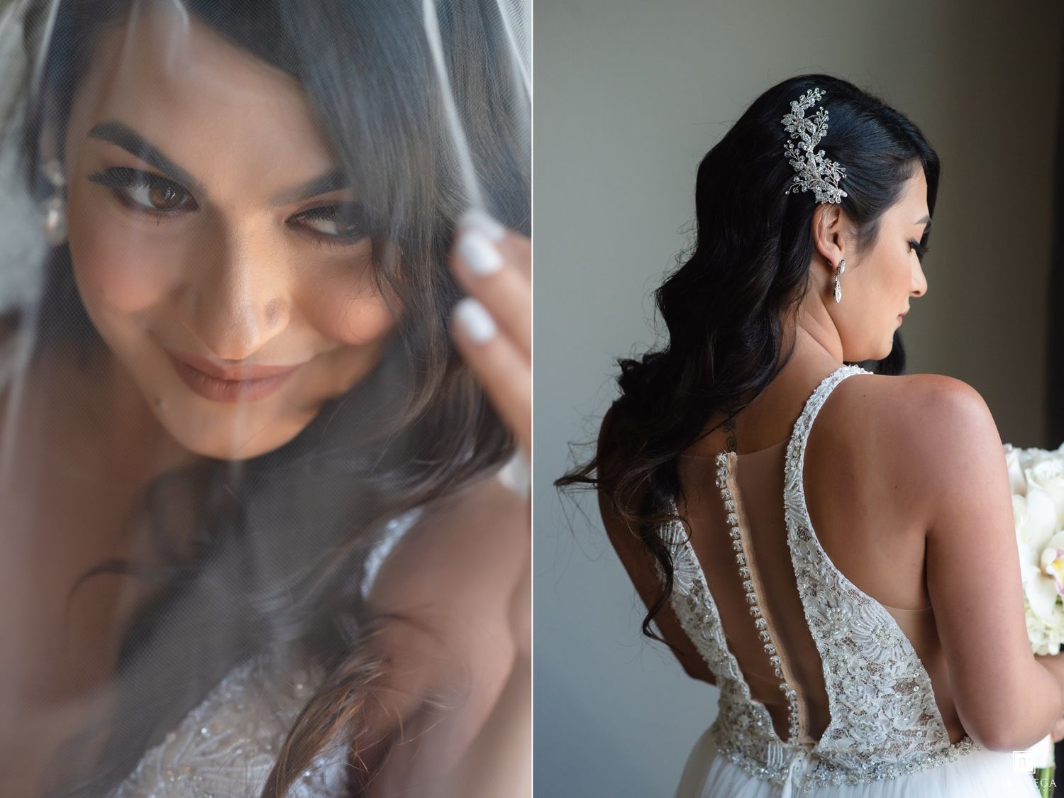 Bride in lace wedding dress with pearl hair accessory and button-back detail, elegant bridal portrait with veil.