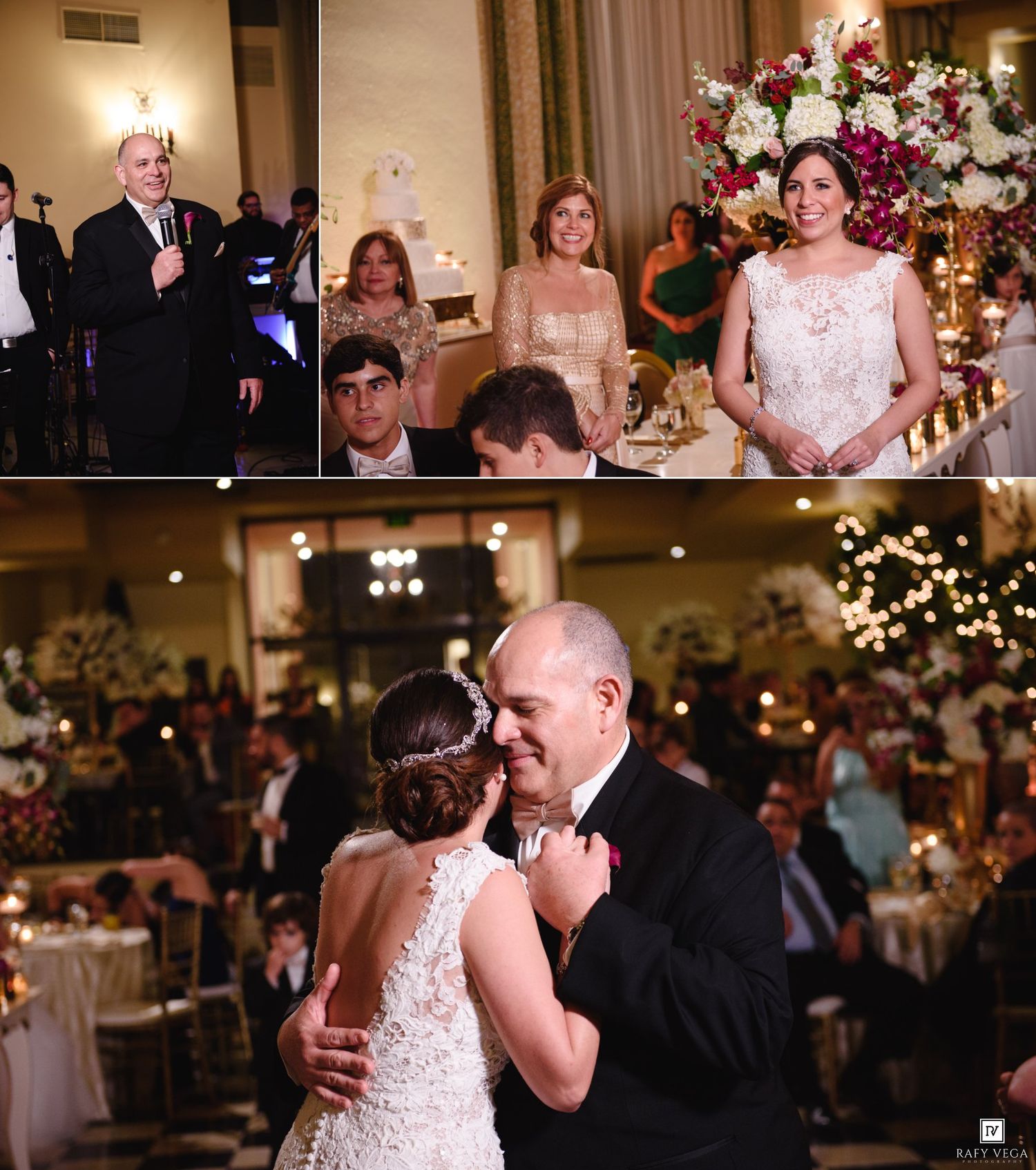 Bride and groom share their first dance at an elegant wedding reception with floral arrangements and guests seated around them.