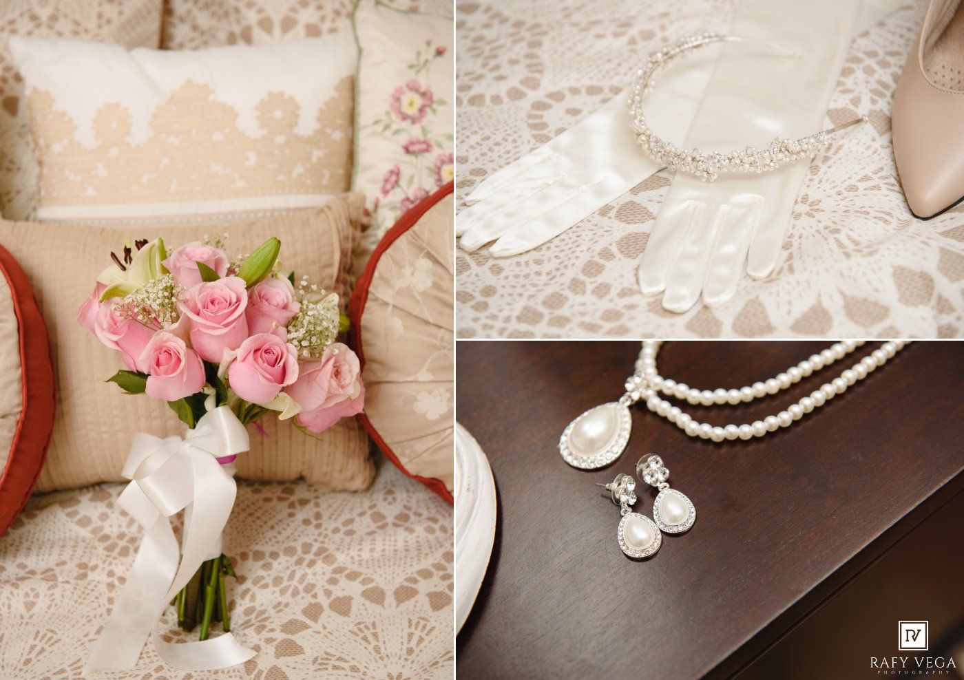 Elegant wedding flat lay featuring pink roses bouquet, pearl necklace, earrings, lace gloves, and bridal accessories on soft fabric.