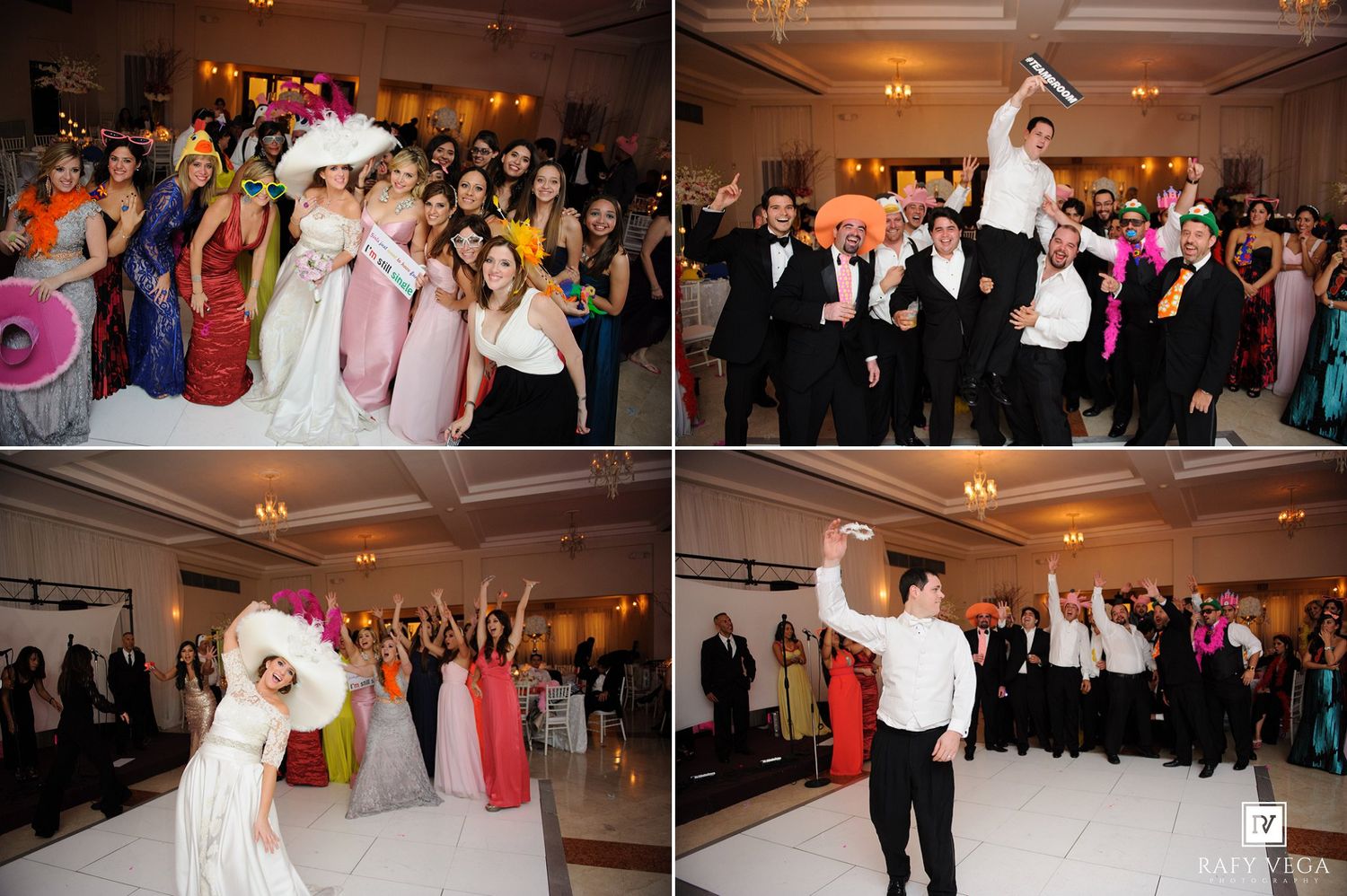 Wedding reception guests celebrating on dance floor with bride and groom during lively party at elegant ballroom venue.