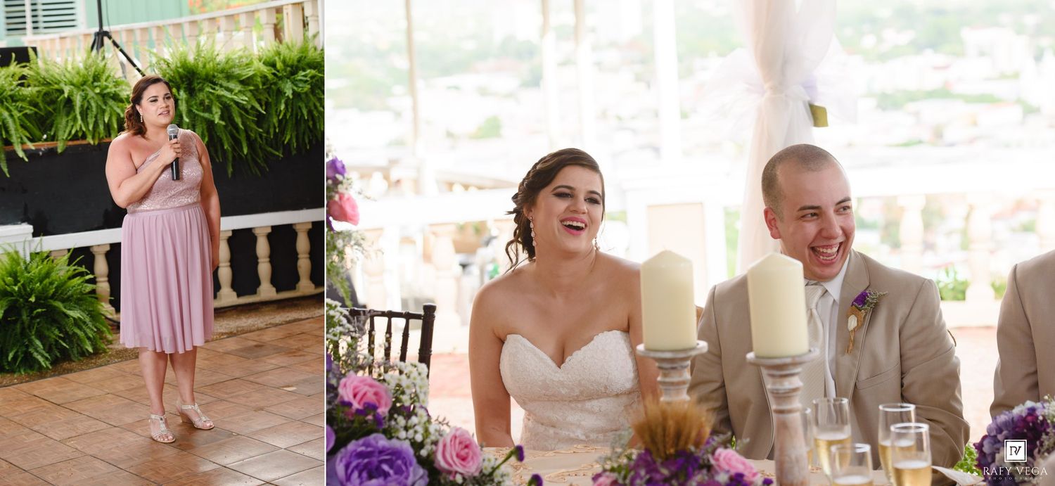 Bridesmaid in lavender dress gives a heartfelt speech as bride and groom smile during outdoor wedding reception.