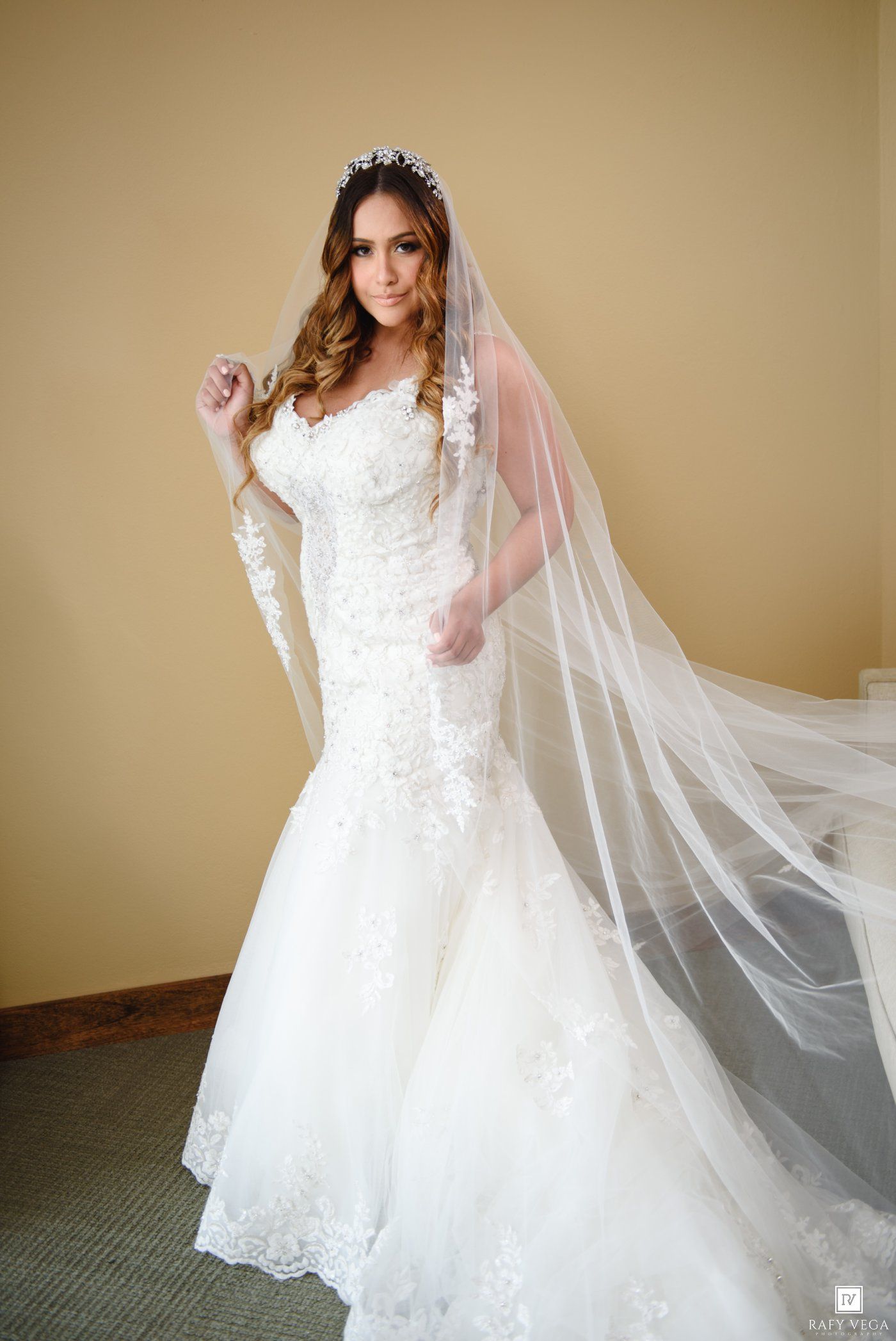 Bride in a strapless lace mermaid wedding gown with a long cathedral veil and floral tiara poses elegantly.