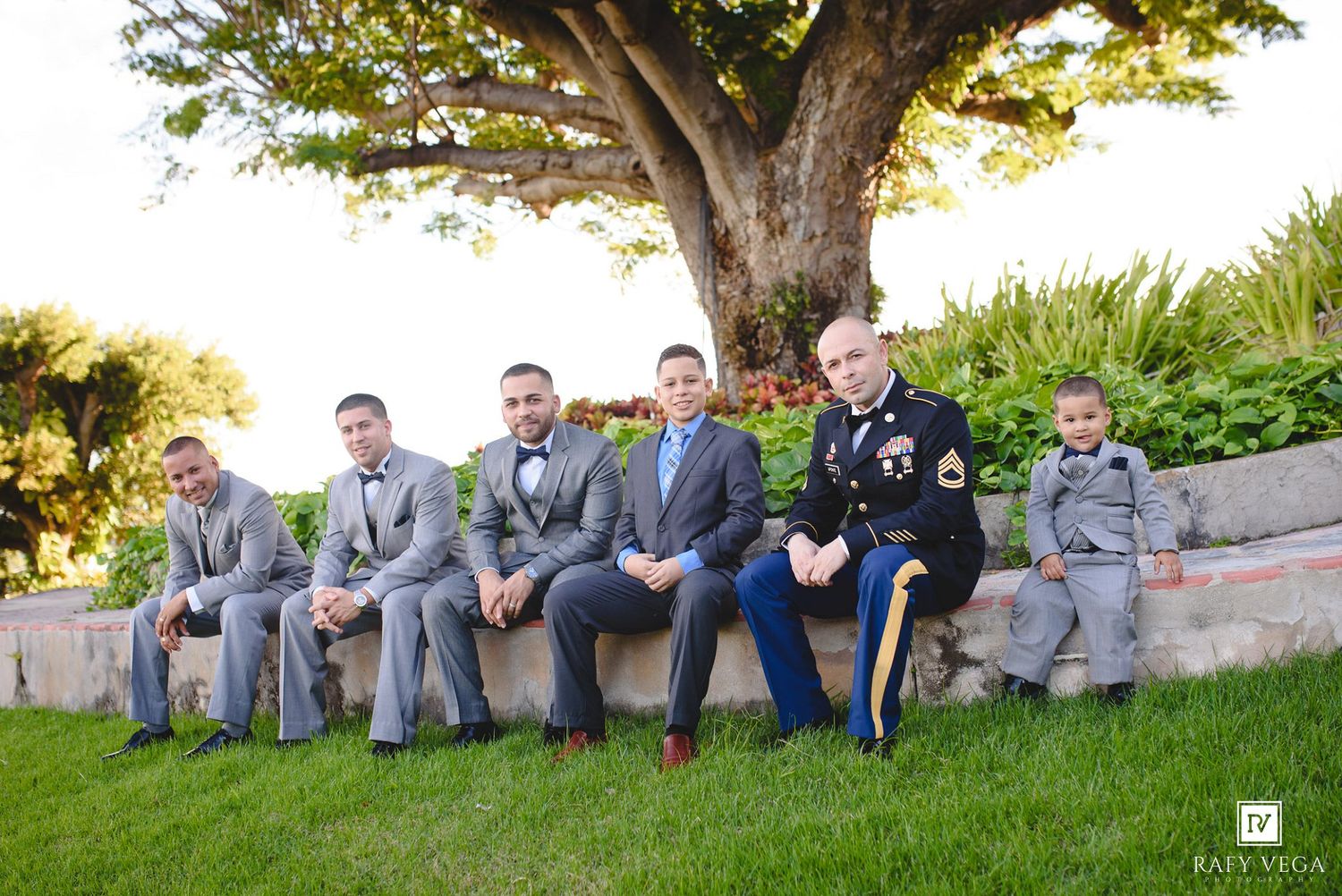 Groomsmen in gray suits sit on a stone bench outdoors with a large tree backdrop at a wedding.