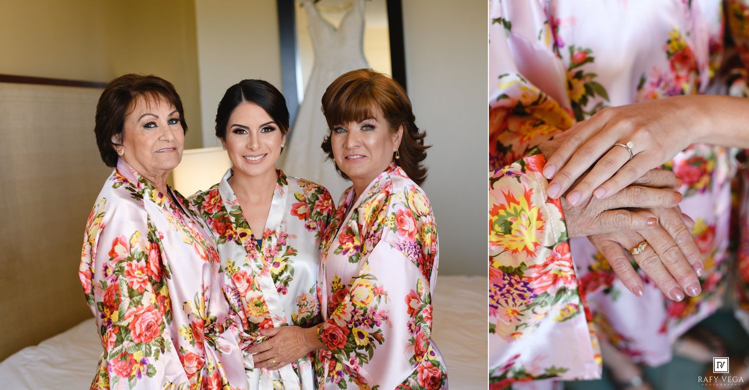 Three women in matching floral robes pose together, with a close-up of their hands showing a diamond engagement ring.