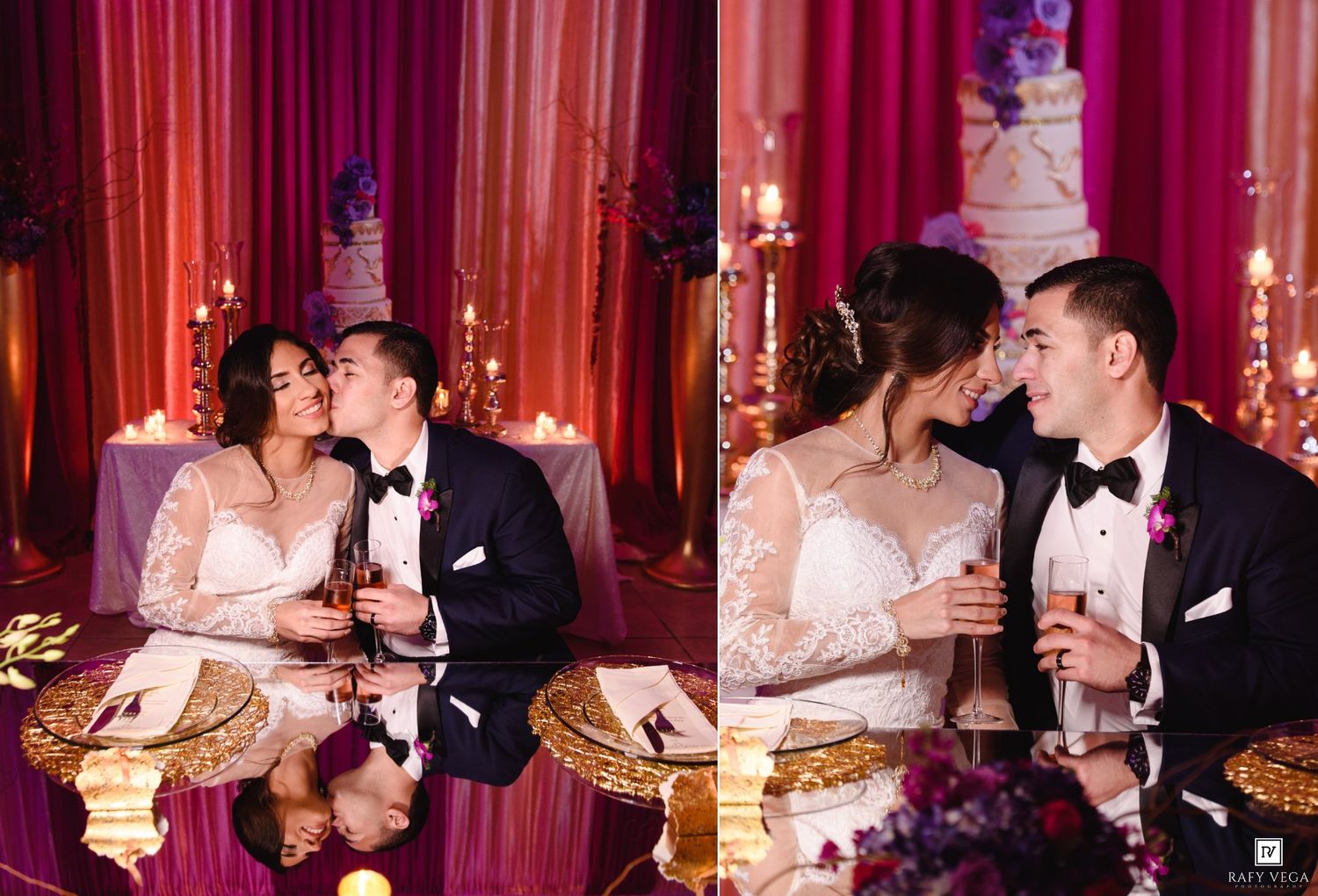 Newlywed couple sharing a romantic kiss at their wedding reception table with champagne glasses and a white cake backdrop.