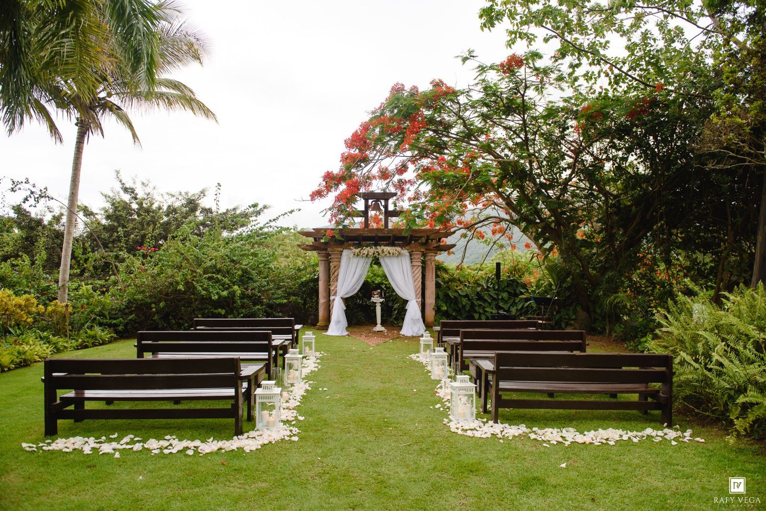 Outdoor wedding ceremony setup with dark wood benches, white floral aisle, draped arch, and tropical garden backdrop.