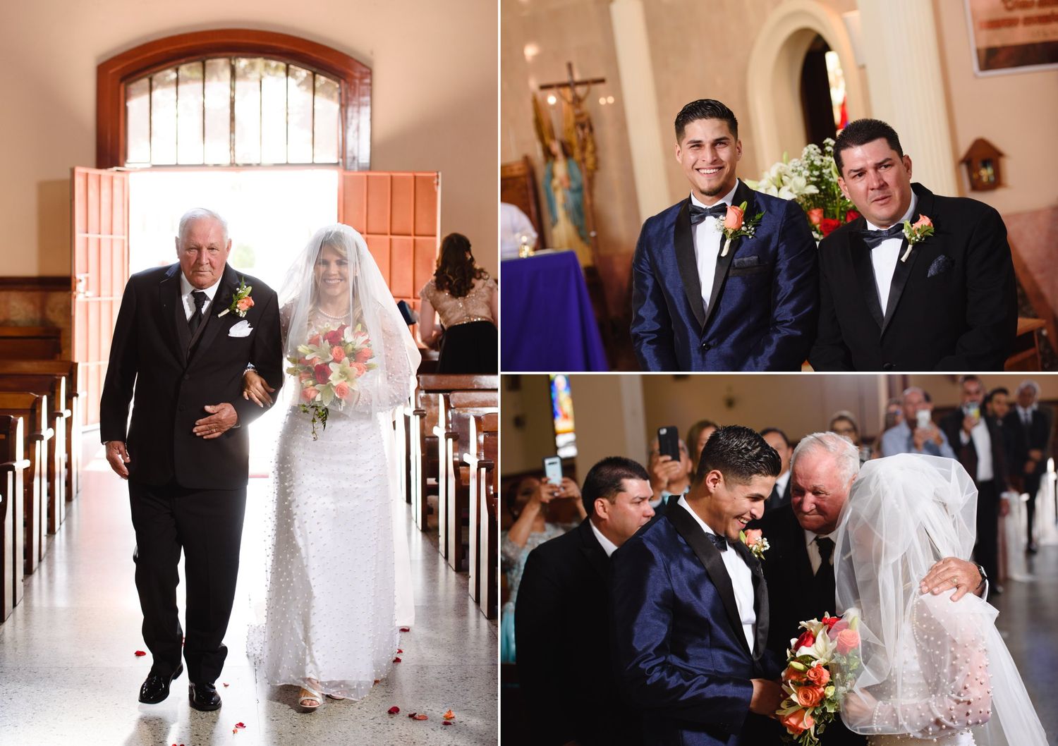 Father walks bride down church aisle in white gown, groom stands at altar with best man in blue suit during wedding ceremony.