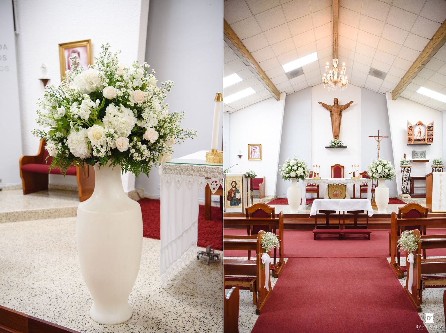 Elegant church interior decorated with white roses and floral arrangements for a wedding ceremony.