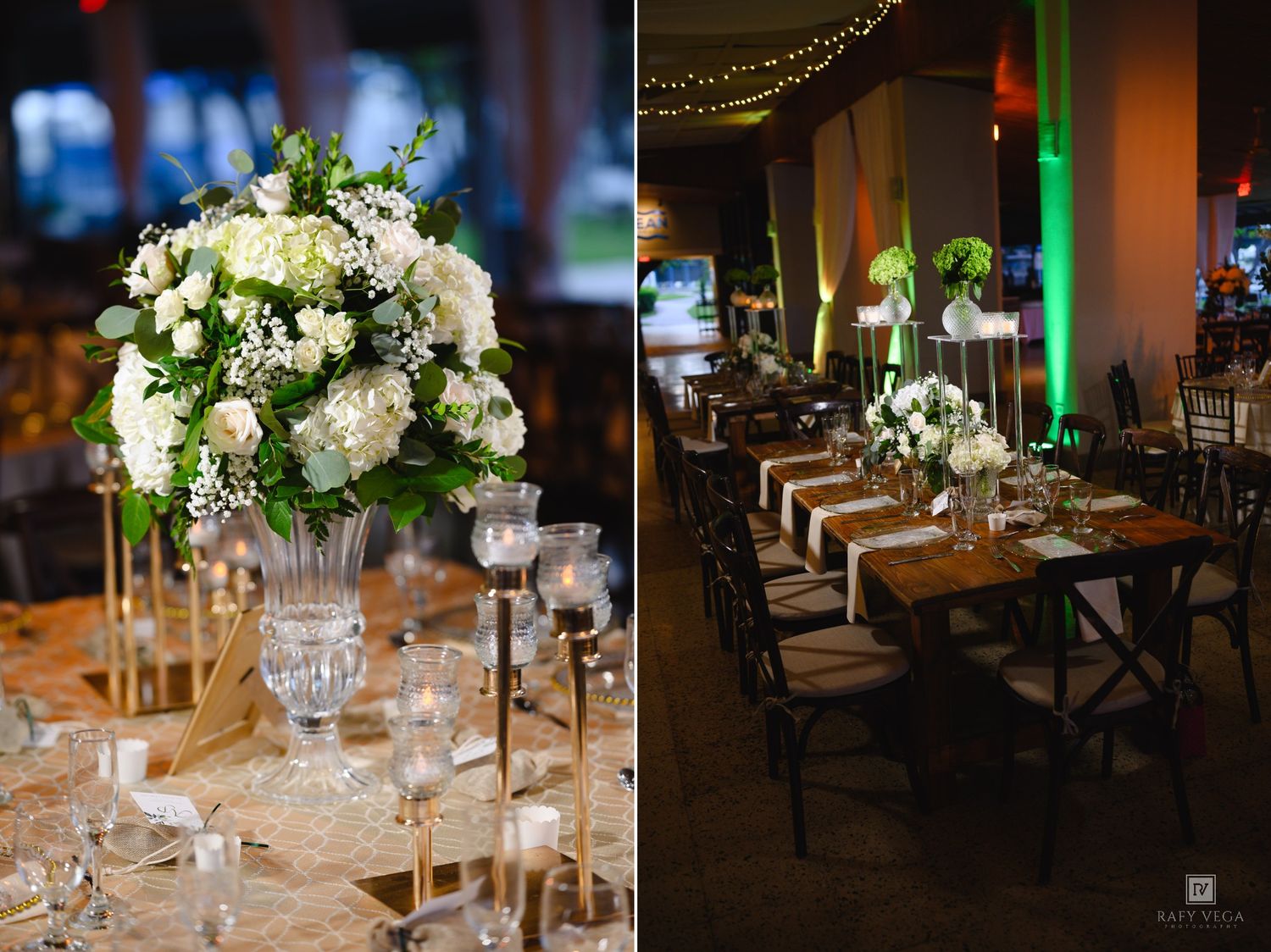 Luxurious wedding reception featuring tall white floral centerpieces, candleholders, and long banquet tables with green uplighting.