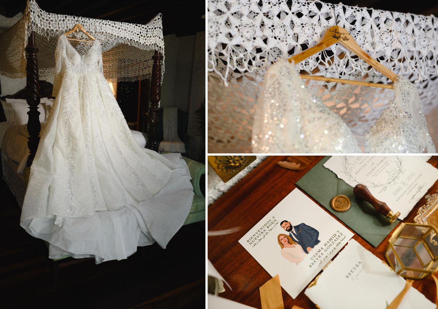 Elegant white wedding dress on hanger, close-up of lace details, and wedding invitations on wooden table.