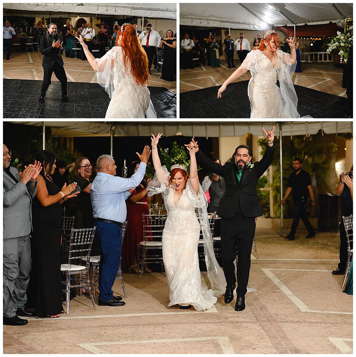 Bride and groom celebrate joyfully with raised arms on the wedding dance floor surrounded by cheering guests.