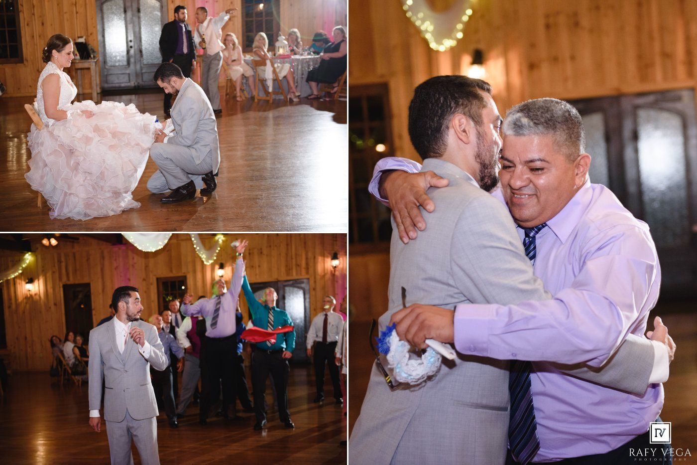 Wedding reception dance floor moments with guests celebrating, hugging, and dancing in a rustic wooden venue.
