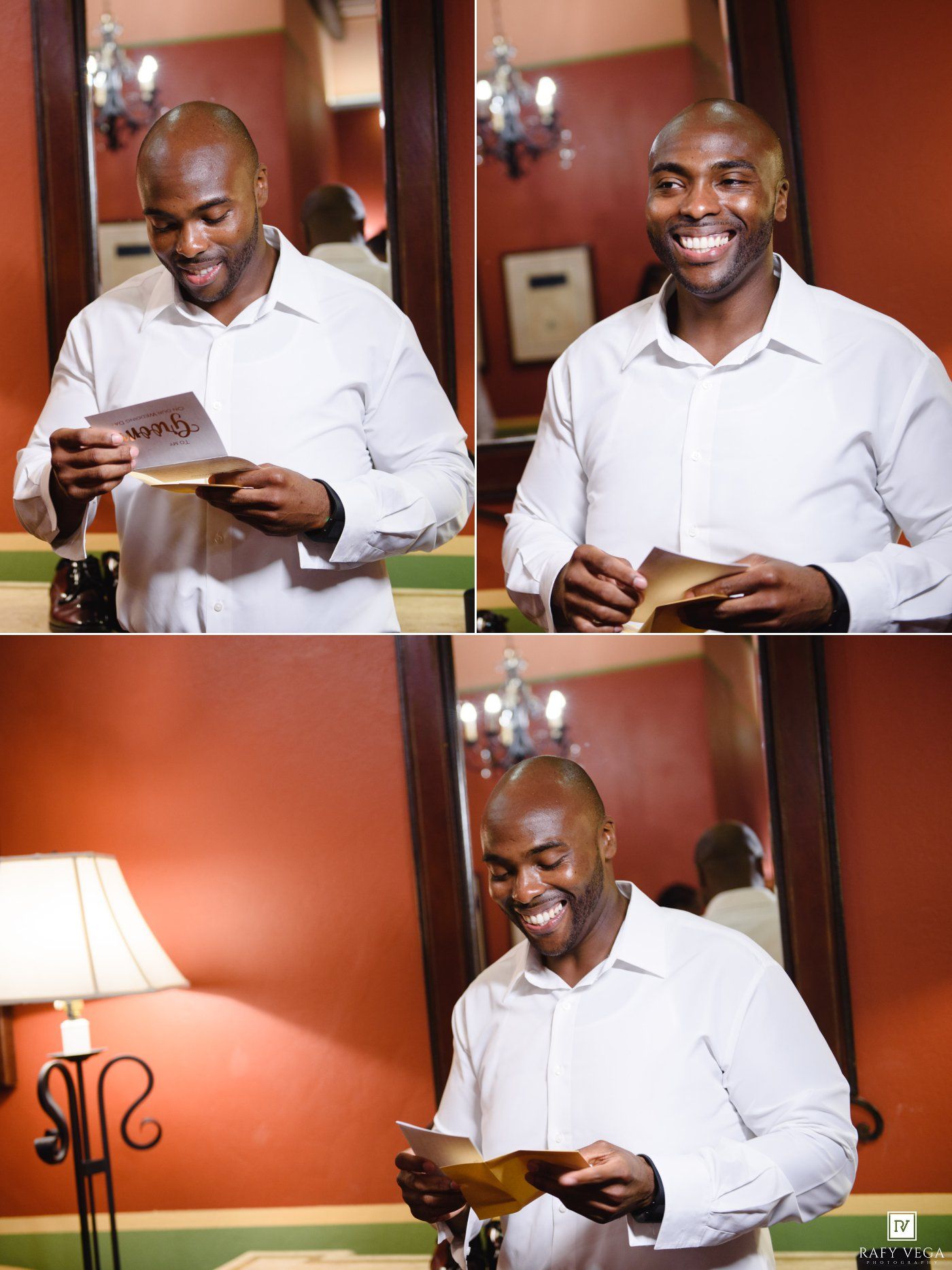 Smiling man in white shirt reading a card in three photo collage with warm red walls and lamp.
