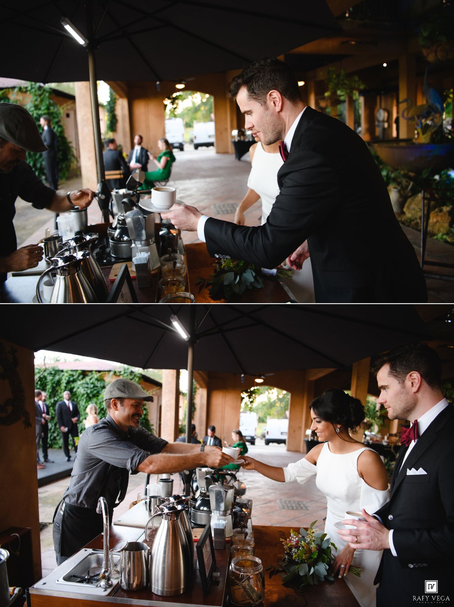Bride and groom enjoying espresso drinks at an outdoor coffee bar station during their elegant wedding reception.