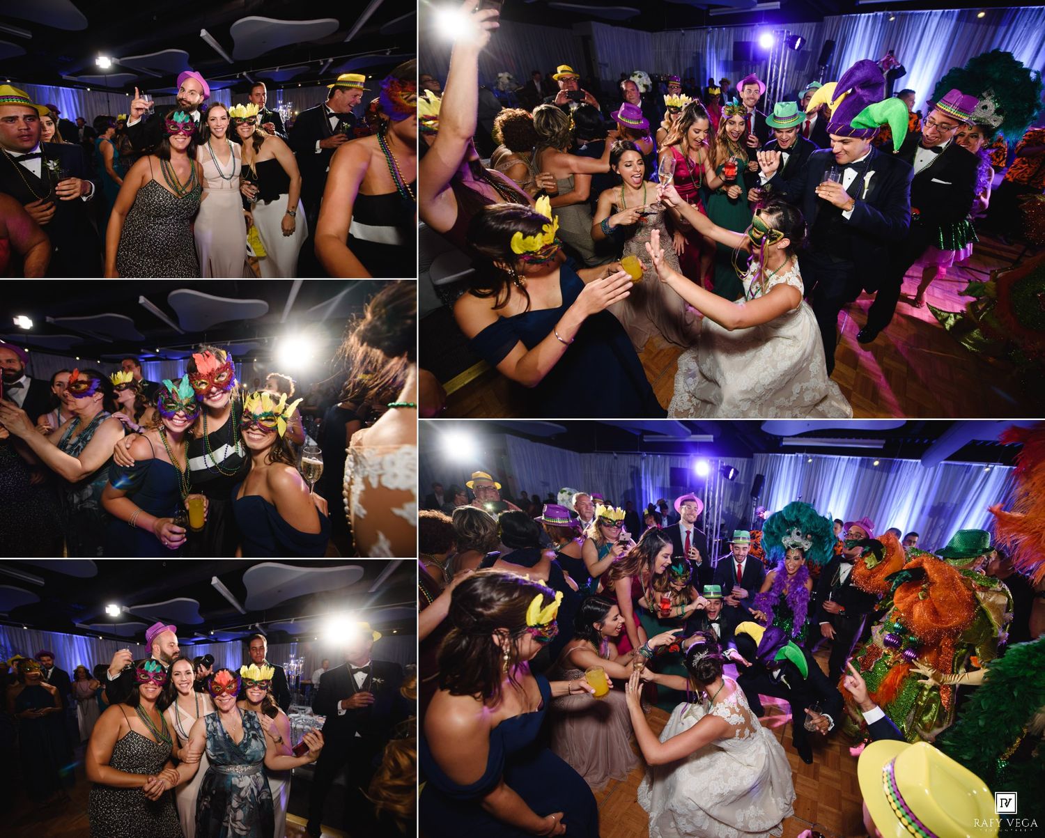 Guests in masquerade masks dancing at a festive wedding reception celebration on the dance floor.