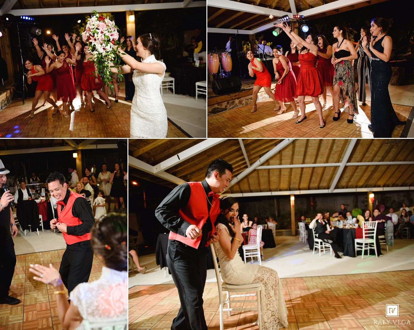 Bride tosses bouquet to bridesmaids in red dresses at elegant indoor wedding reception with dancing guests.