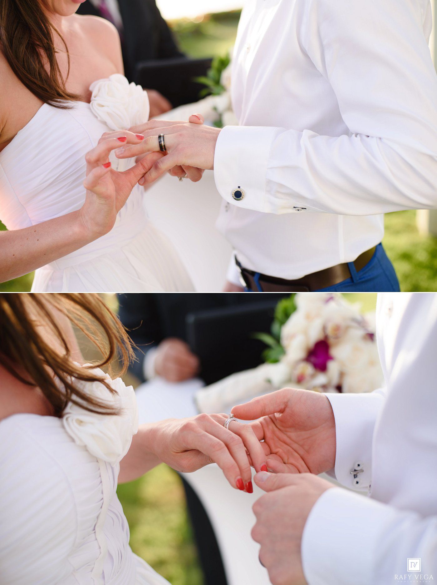 Bride and groom exchanging wedding rings during outdoor ceremony, close-up of hands with white floral dress detail.