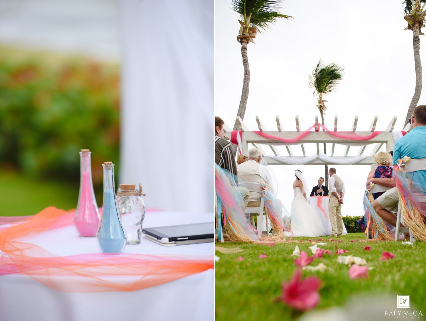 Tropical beach wedding ceremony with colorful sand unity ceremony vases and guests seated under a pink draped pergola.