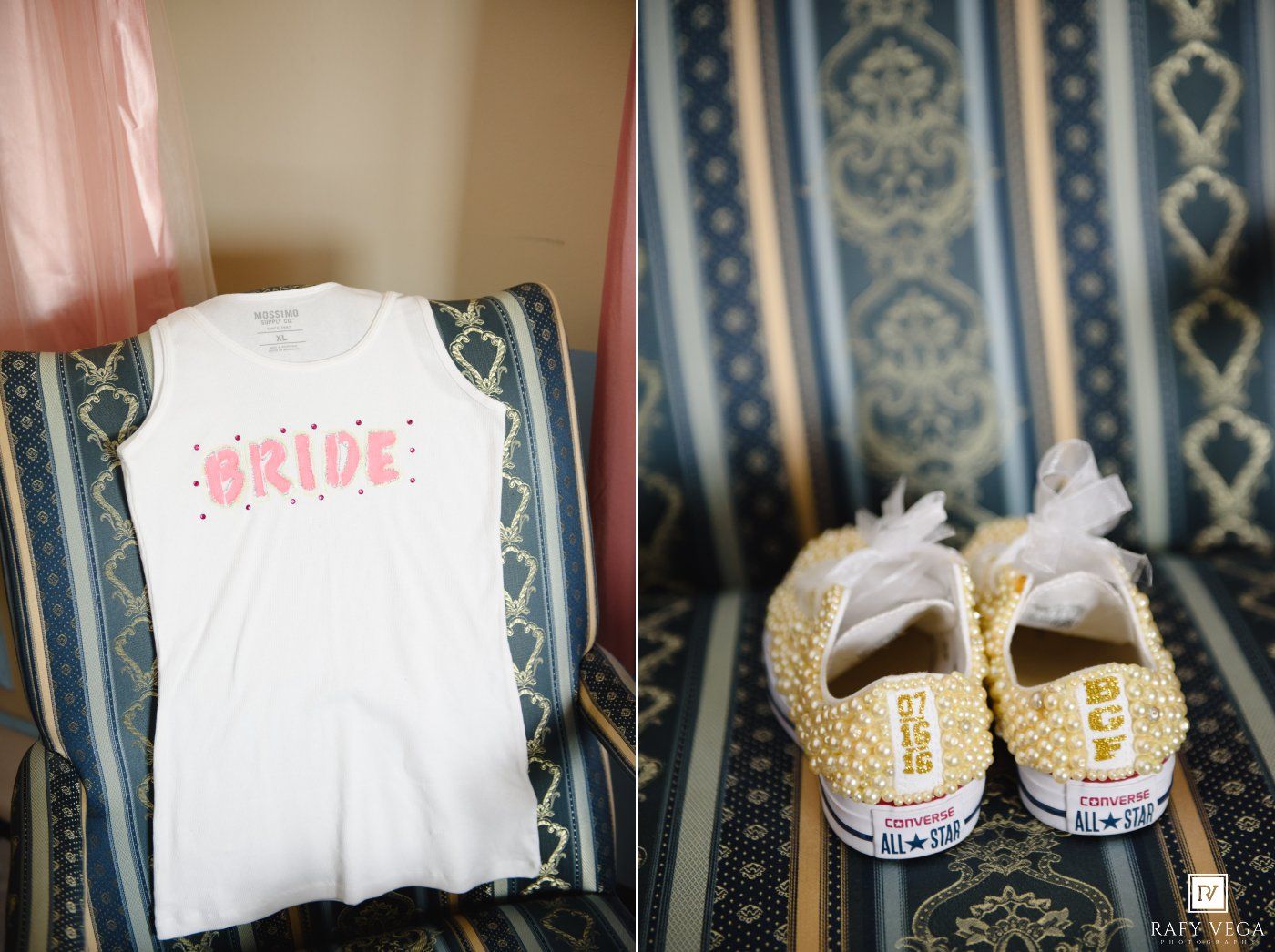 White bride tank top and gold glitter sneakers with white bow laces displayed on a blue striped chair.